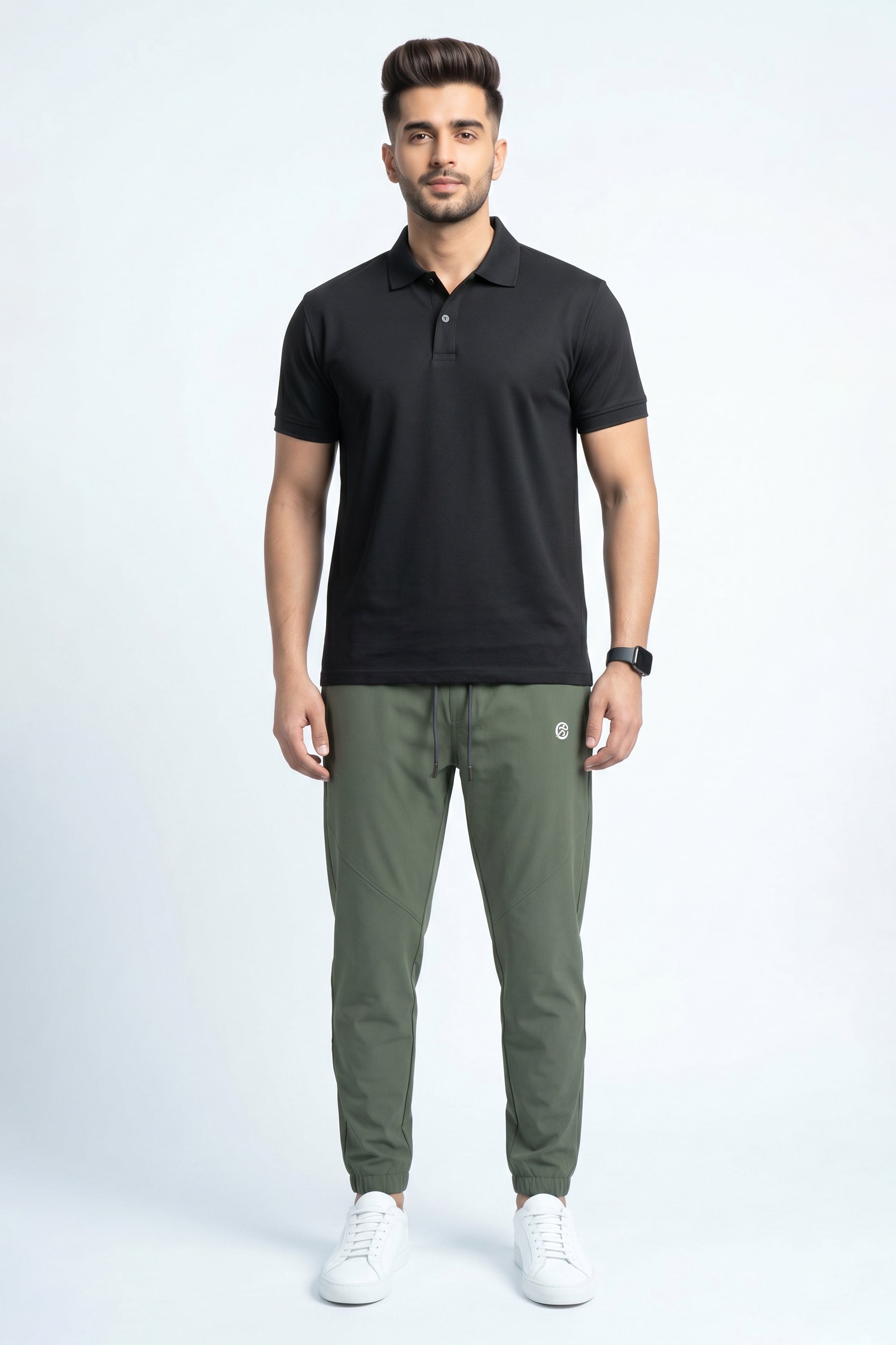 Elite PrimeFit Luxe Tracksuit - Imported Micro Strech Olive Trouser + Premium Black Plain Ployester Shirt