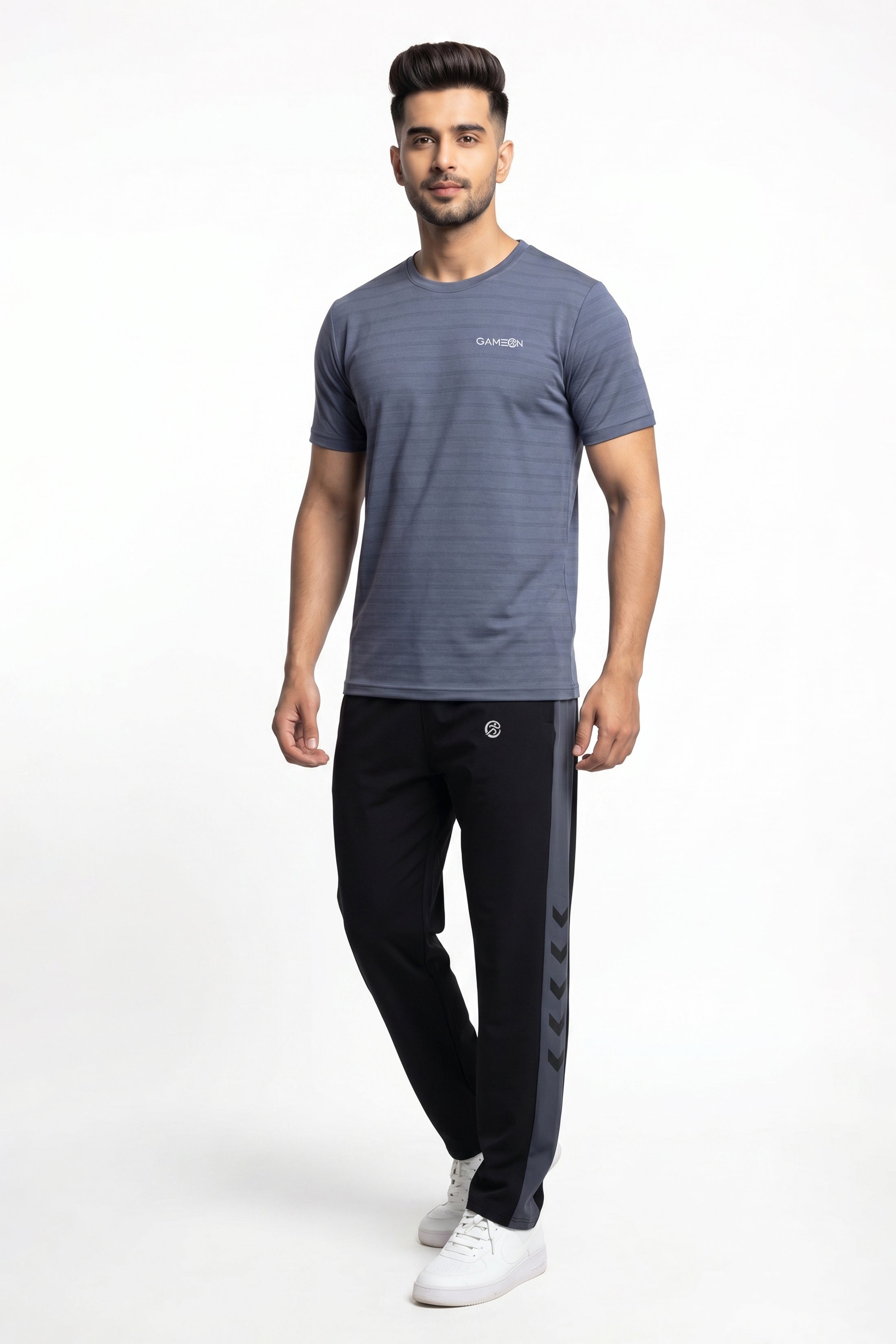 Imported MotionFit Set - Premium Woven Black Tery Trouser + Excutive Bee Mash Gray Shirt