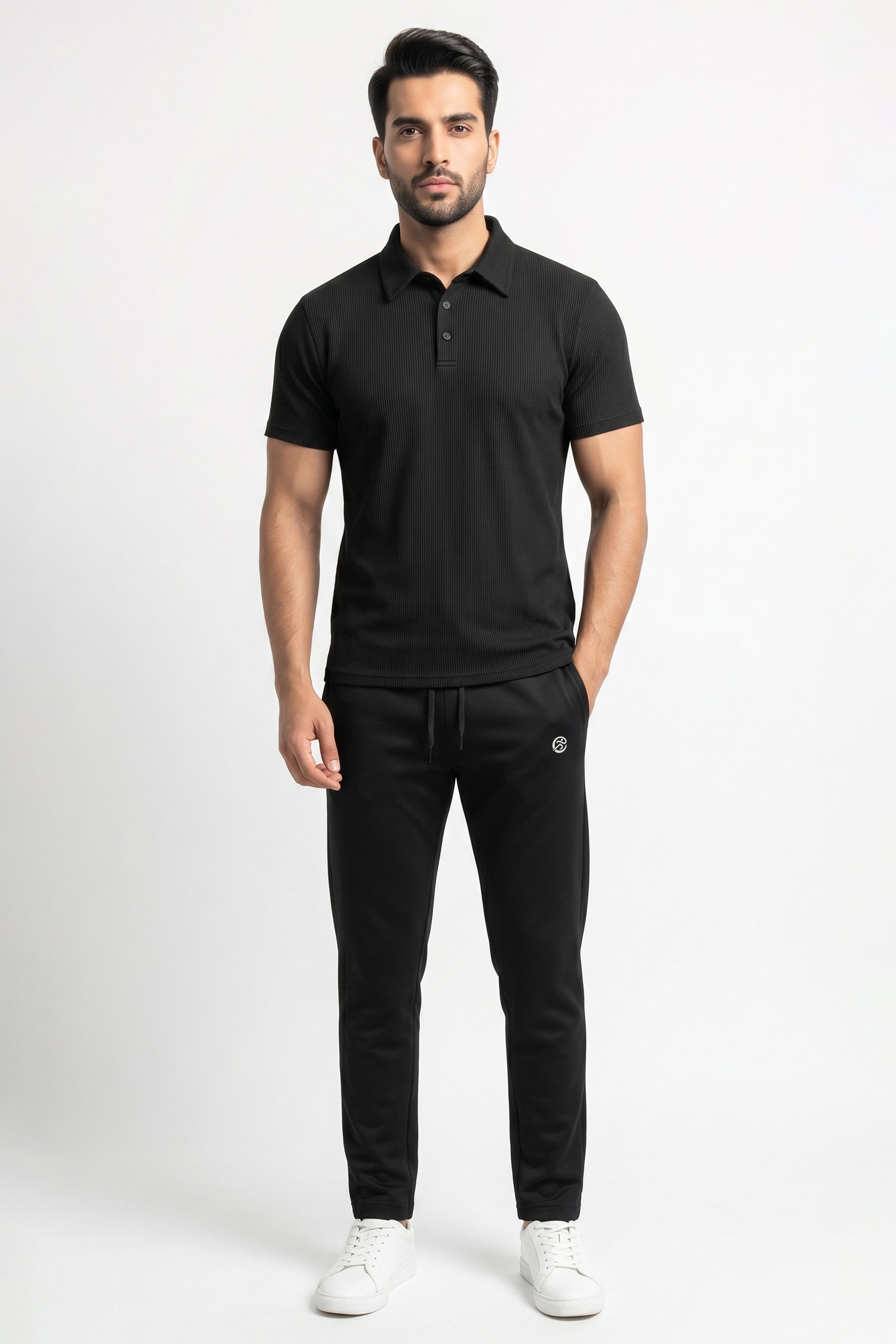 CoreX Tracksuit – Black Edition - Imported Wafle Net Polo + Primium Plain Black Narrow Fit Trouser