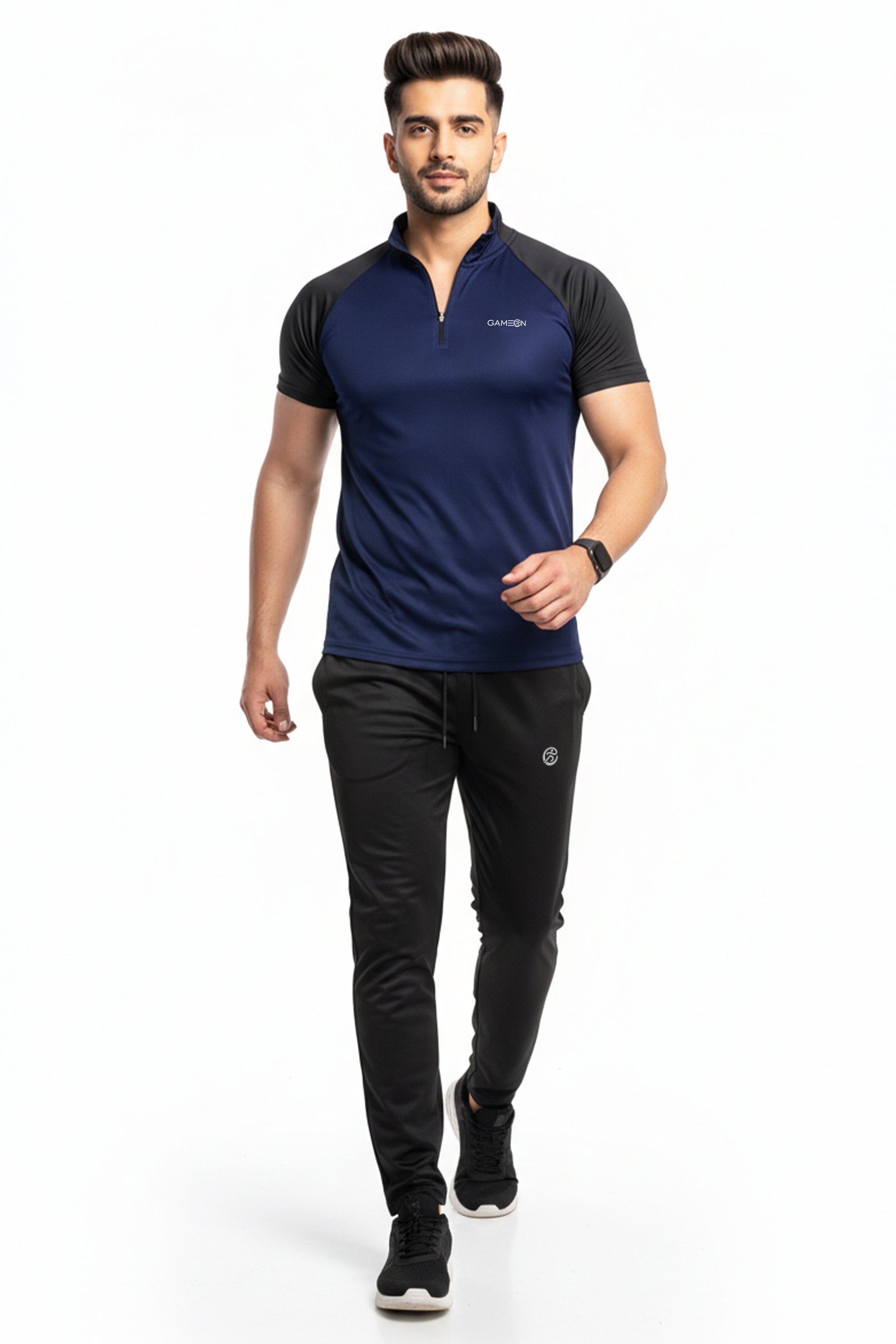 GameOn Velocity Set - Premium Polyester Plain Black Trouser + Blue & Black Shirt