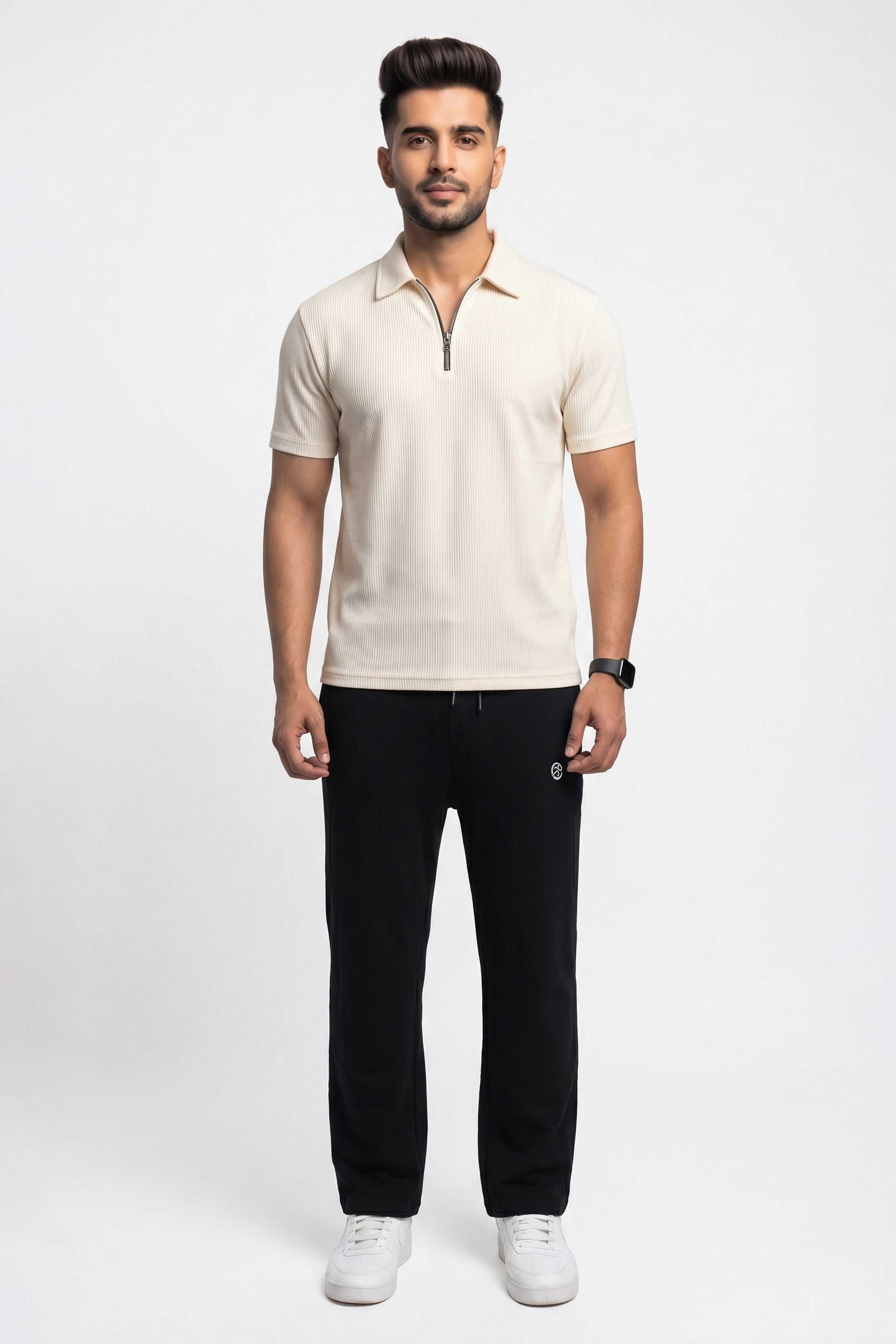 Imported Exective Lounge Wear  – Wafle Net Cream Polo + Premium Plain Classic Black Tery Trouser
