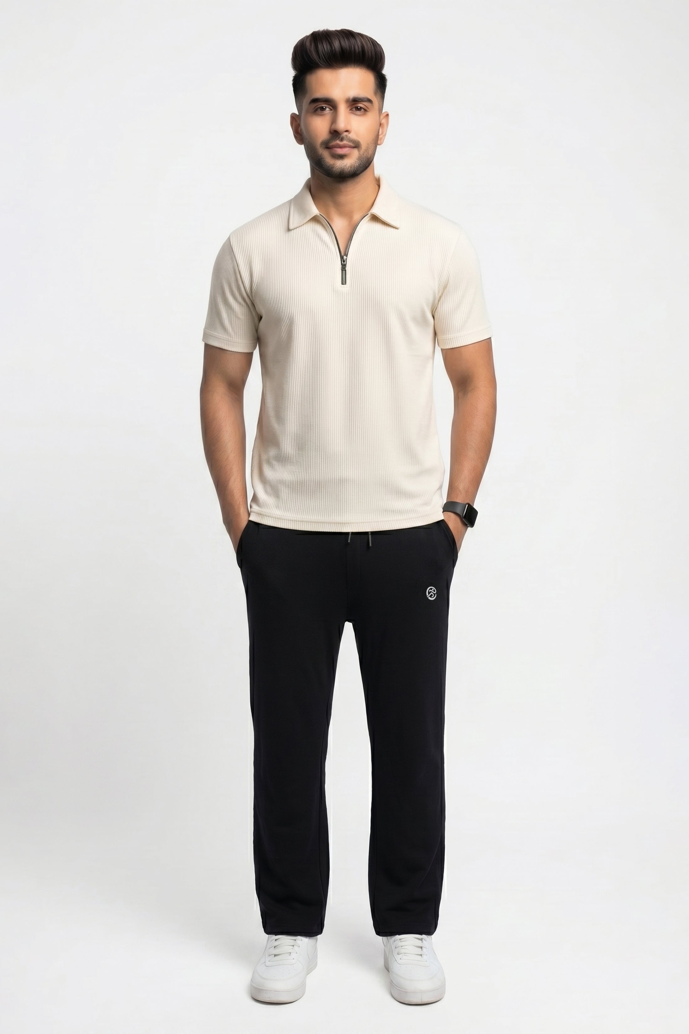 Imported Exective Lounge Wear  – Wafle Net Cream Polo + Premium Plain Classic Black Tery Trouser