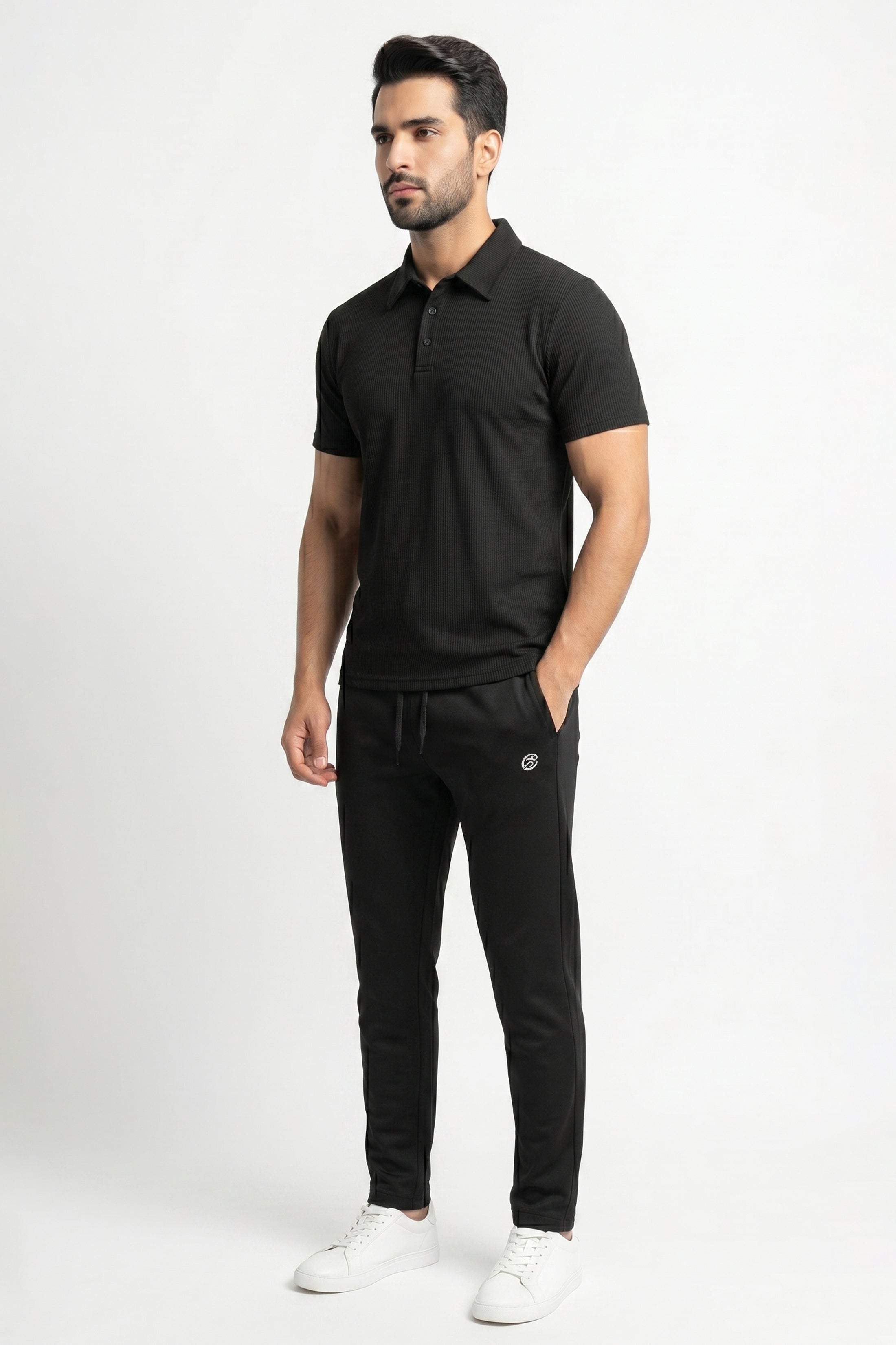 CoreX Tracksuit – Black Edition - Imported Wafle Net Polo + Primium Plain Black Narrow Fit Trouser