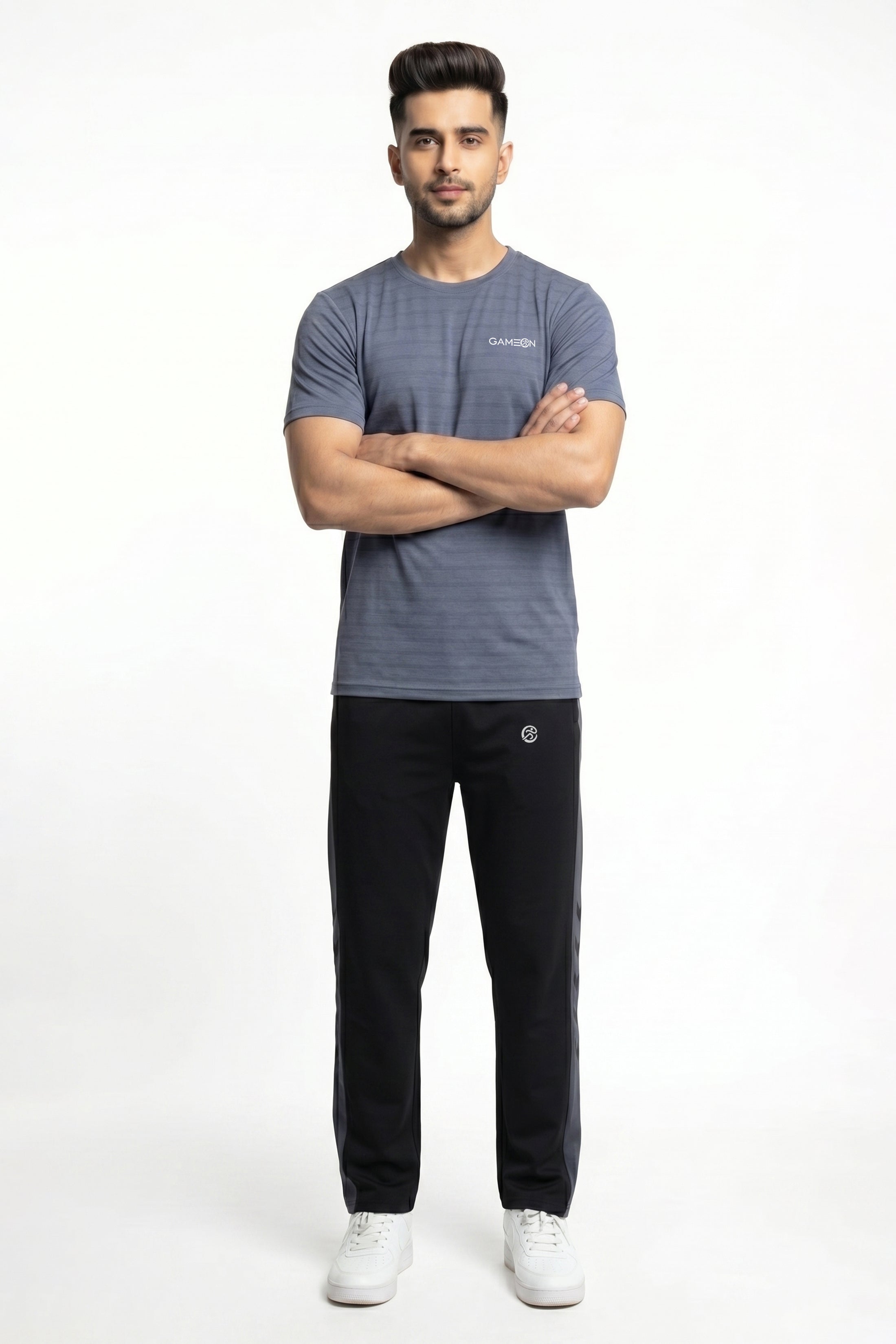 Imported MotionFit Set - Premium Woven Black Tery Trouser + Excutive Bee Mash Gray Shirt