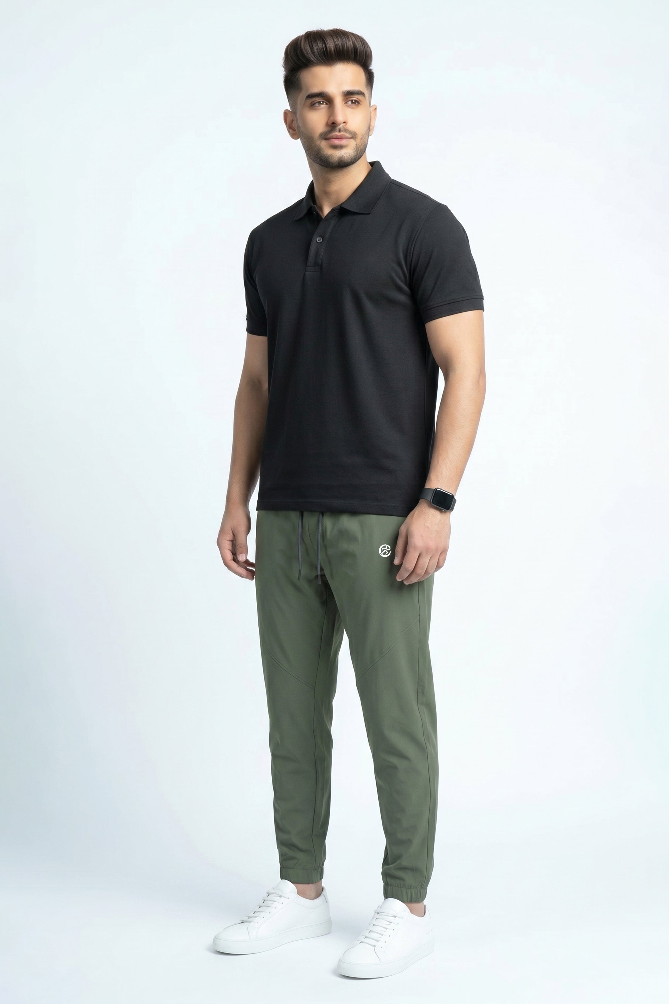 Elite PrimeFit Luxe Tracksuit - Imported Micro Strech Olive Trouser + Premium Black Plain Ployester Shirt