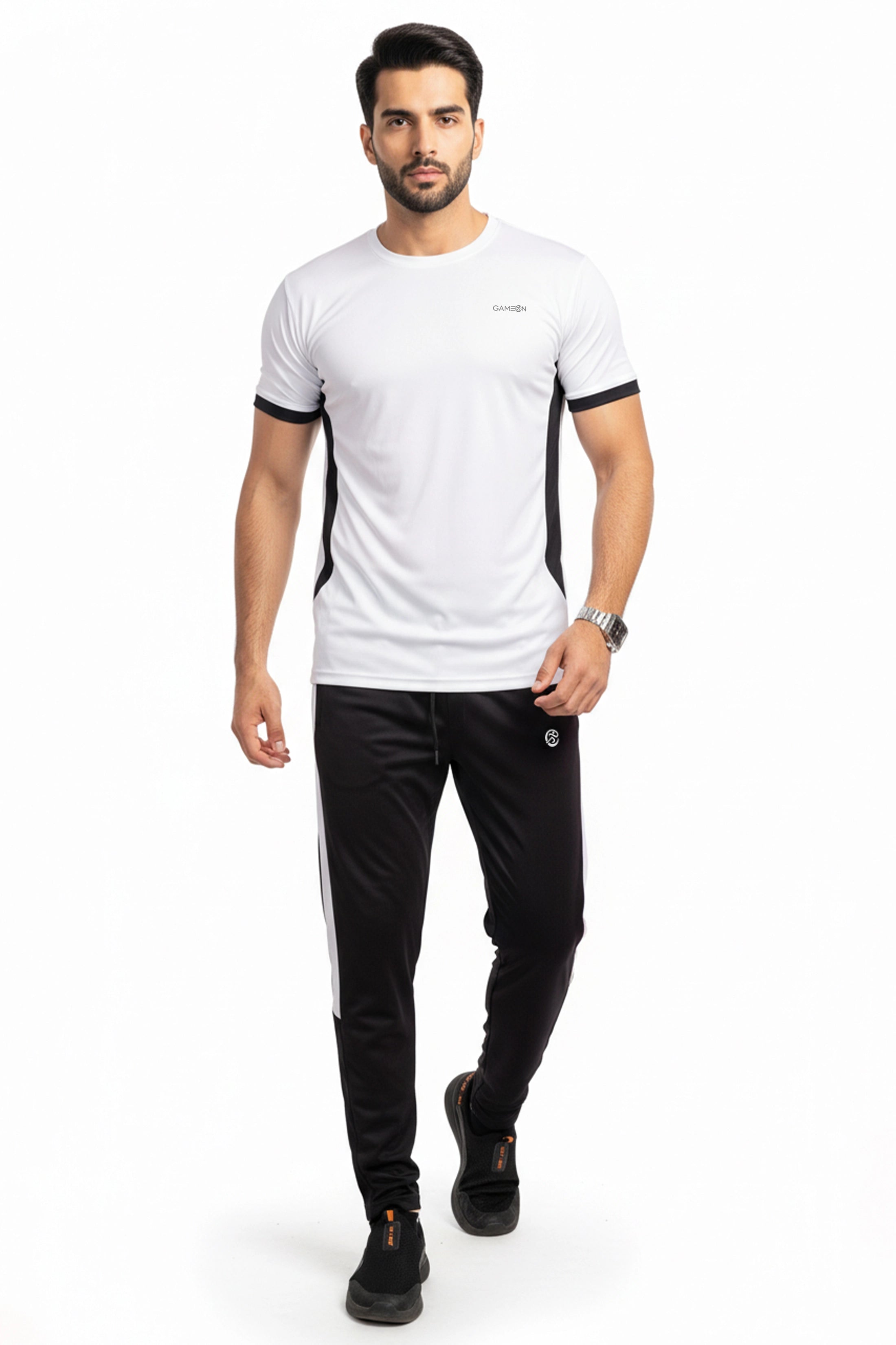Alpha White Tracksuit – Power in Motion - Premium Ployester White & Black Combination Trouser + Shirt