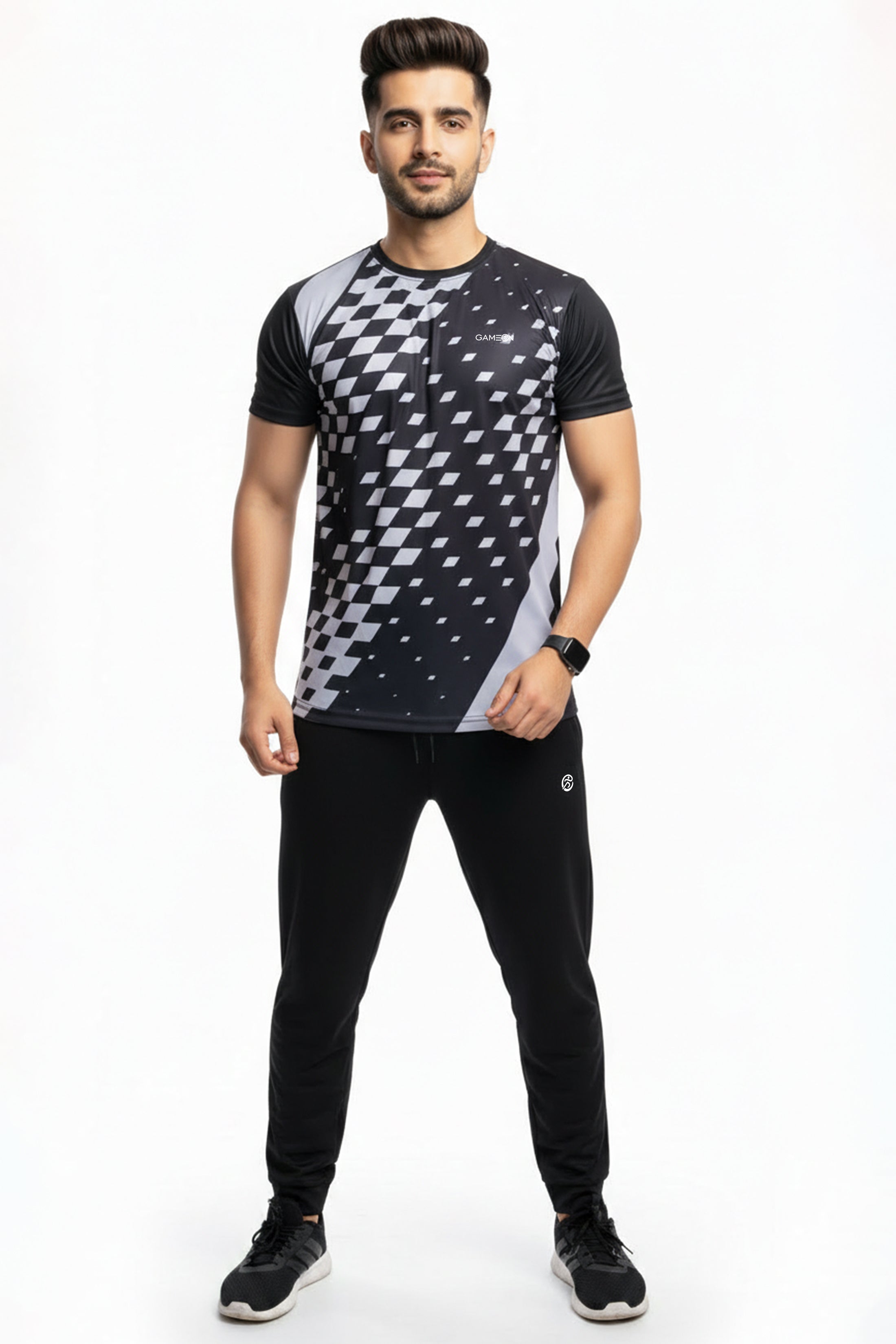 Modern Vibe Tracksuit – Premium Polyester Plain Black Trouser + Sliver and Black Sublimation Shirt