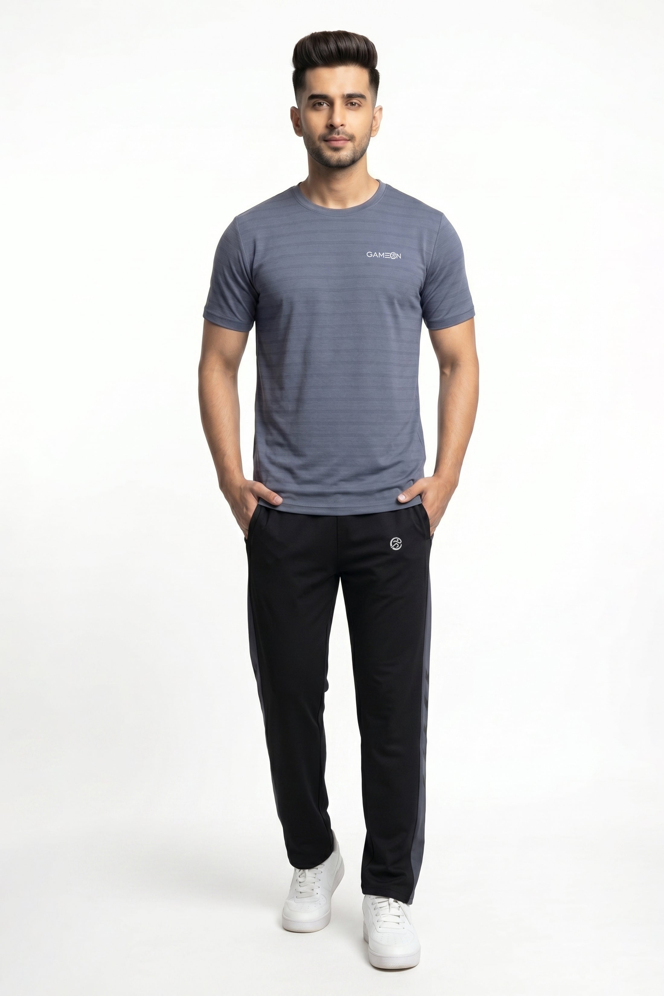 Imported MotionFit Set - Premium Woven Black Tery Trouser + Excutive Bee Mash Gray Shirt