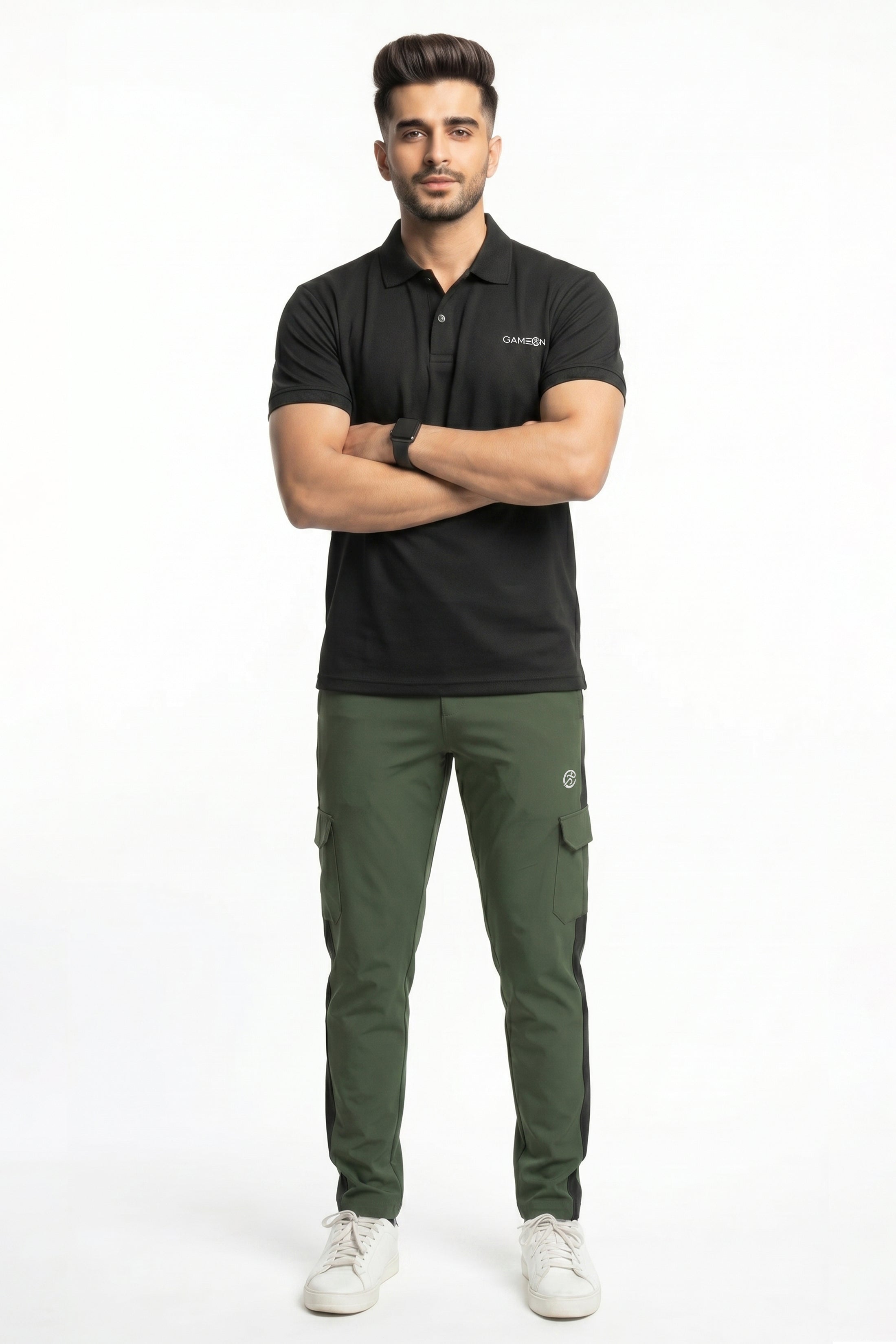 Ellite PowerStride Tracksuit - Imprted Olive & Black BD Lecra Trouser + Wafle Net Textured Black Polyester Shirt