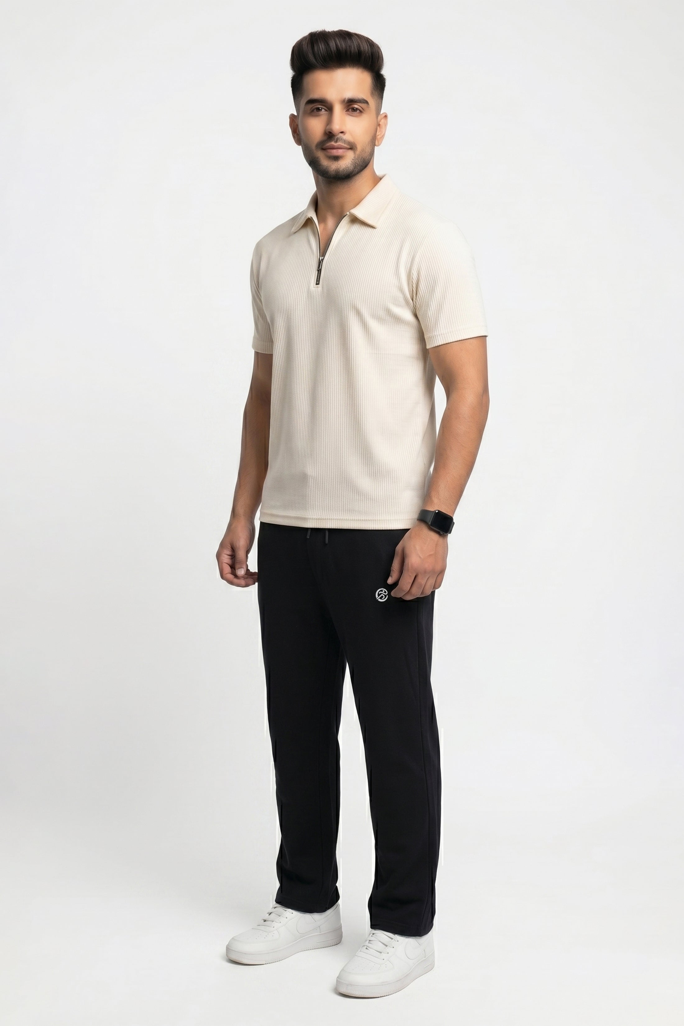 Imported Exective Lounge Wear  – Wafle Net Cream Polo + Premium Plain Classic Black Tery Trouser