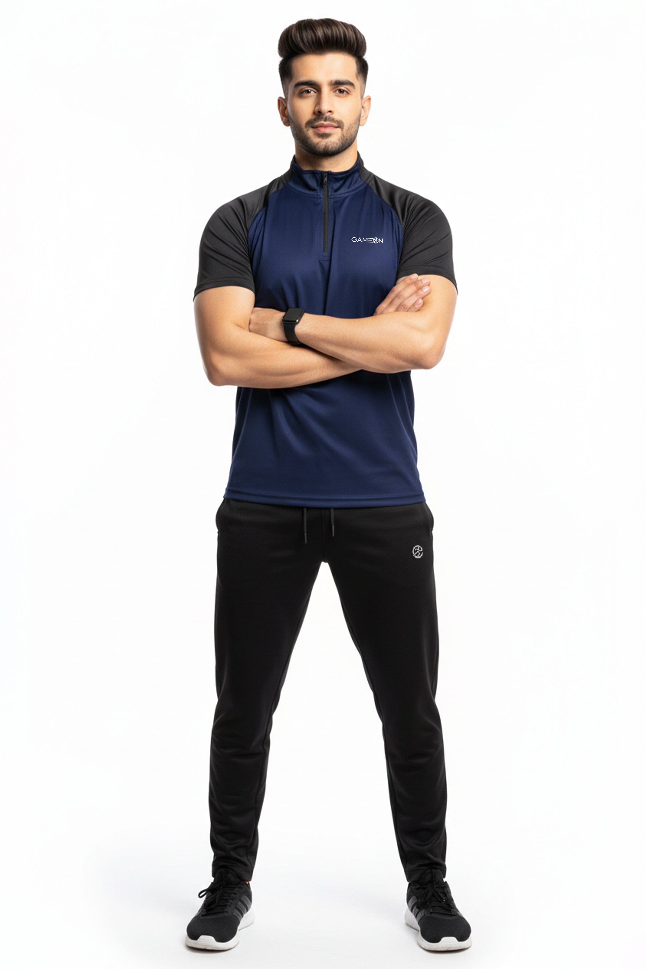 GameOn Velocity Set - Premium Polyester Plain Black Trouser + Blue & Black Shirt