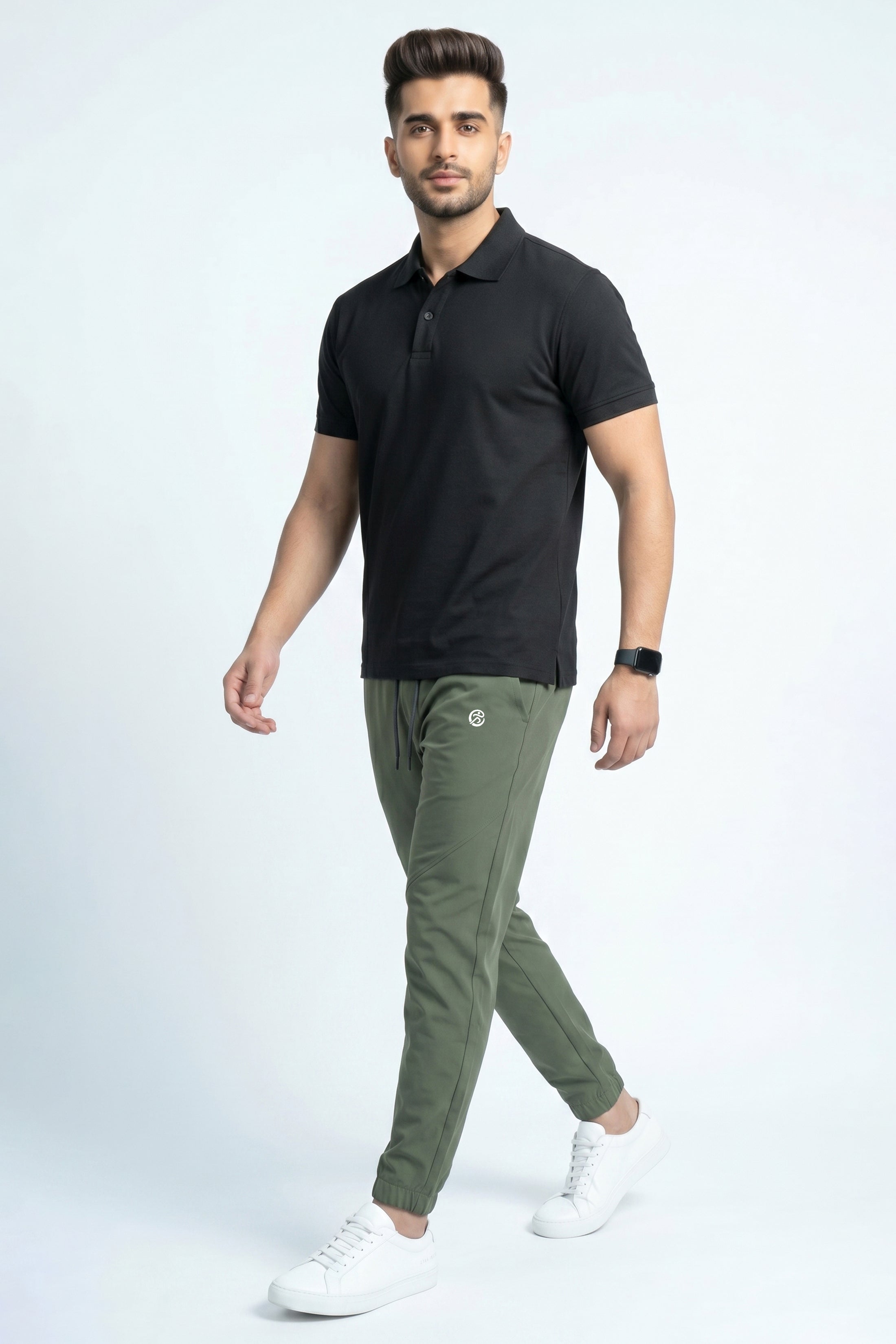 Elite PrimeFit Luxe Tracksuit - Imported Micro Strech Olive Trouser + Premium Black Plain Ployester Shirt