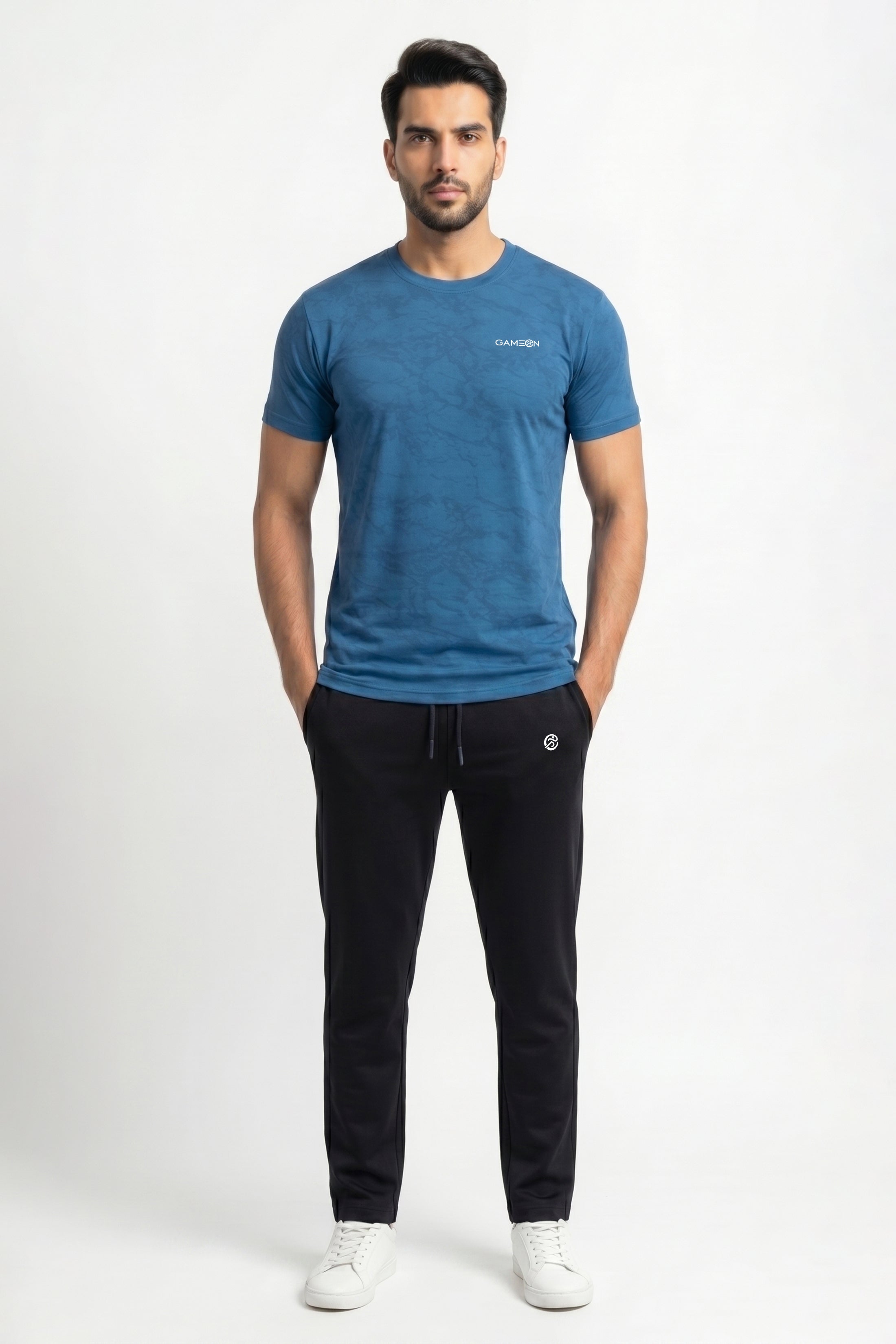 Imported Active Edge Tracksuit - Elite Nod Mash Ocean Blue Shirt + Premium Polyester Plain Black Trouser