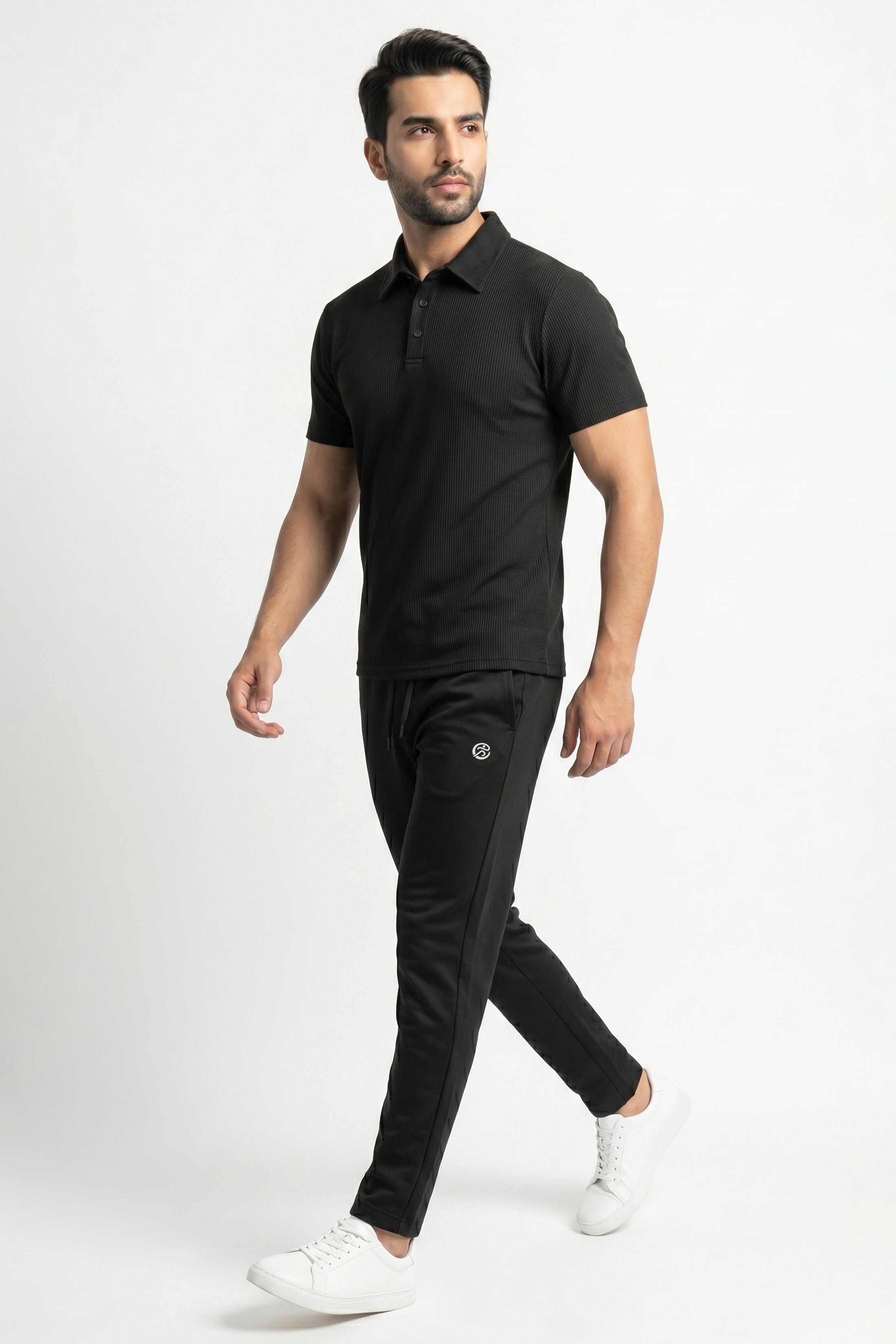 CoreX Tracksuit – Black Edition - Imported Wafle Net Polo + Primium Plain Black Narrow Fit Trouser