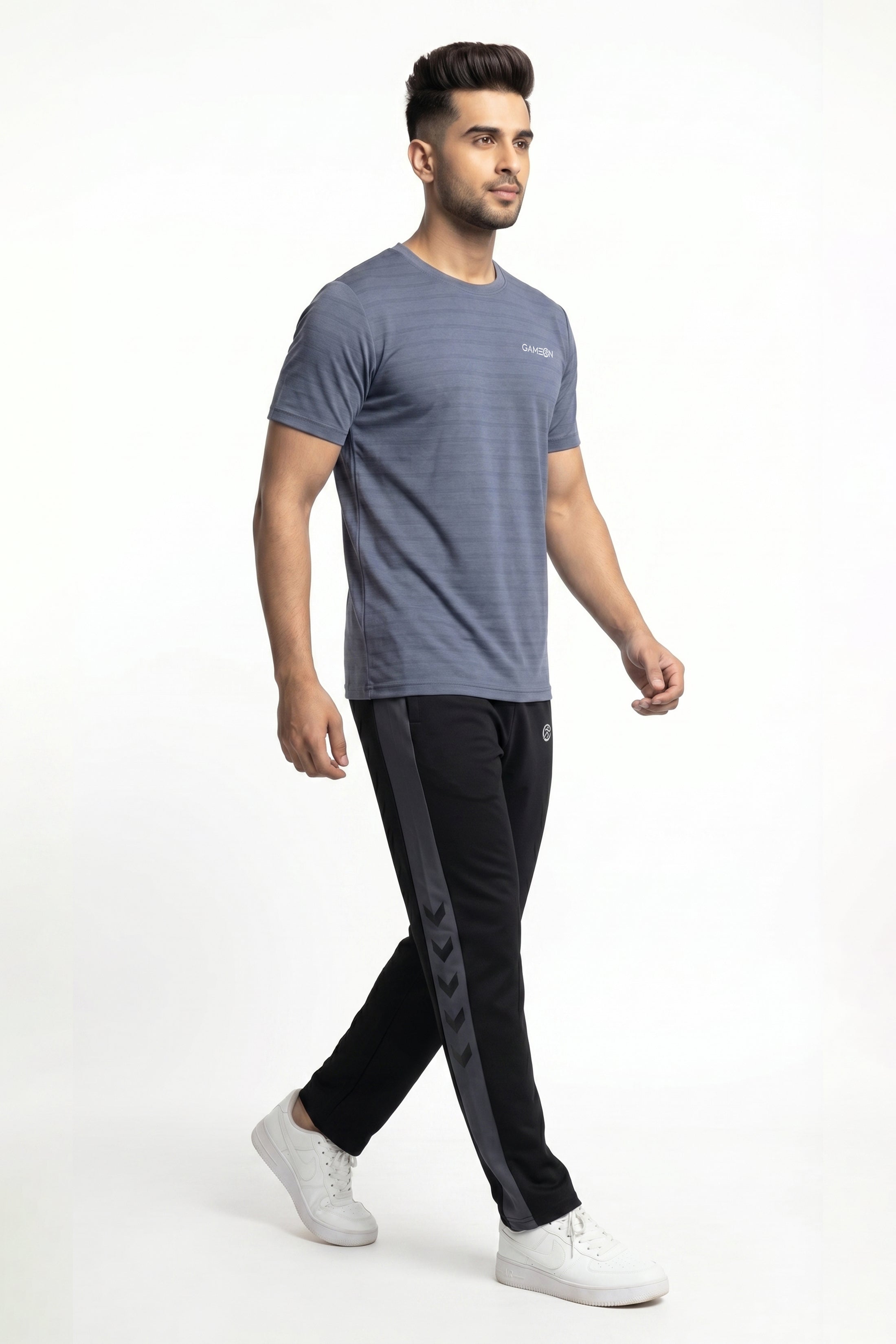 Imported MotionFit Set - Premium Woven Black Tery Trouser + Excutive Bee Mash Gray Shirt
