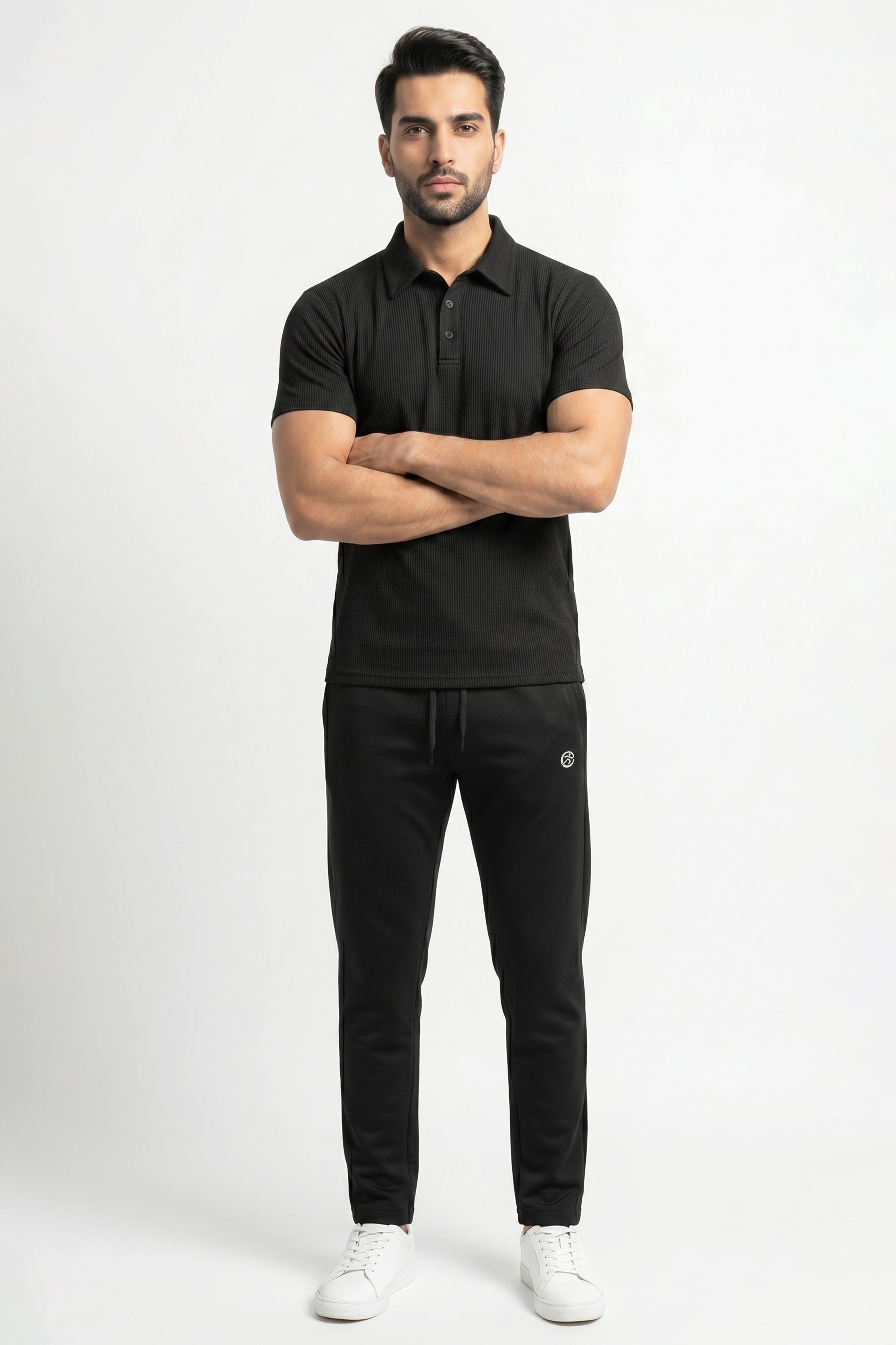 CoreX Tracksuit – Black Edition - Imported Wafle Net Polo + Primium Plain Black Narrow Fit Trouser