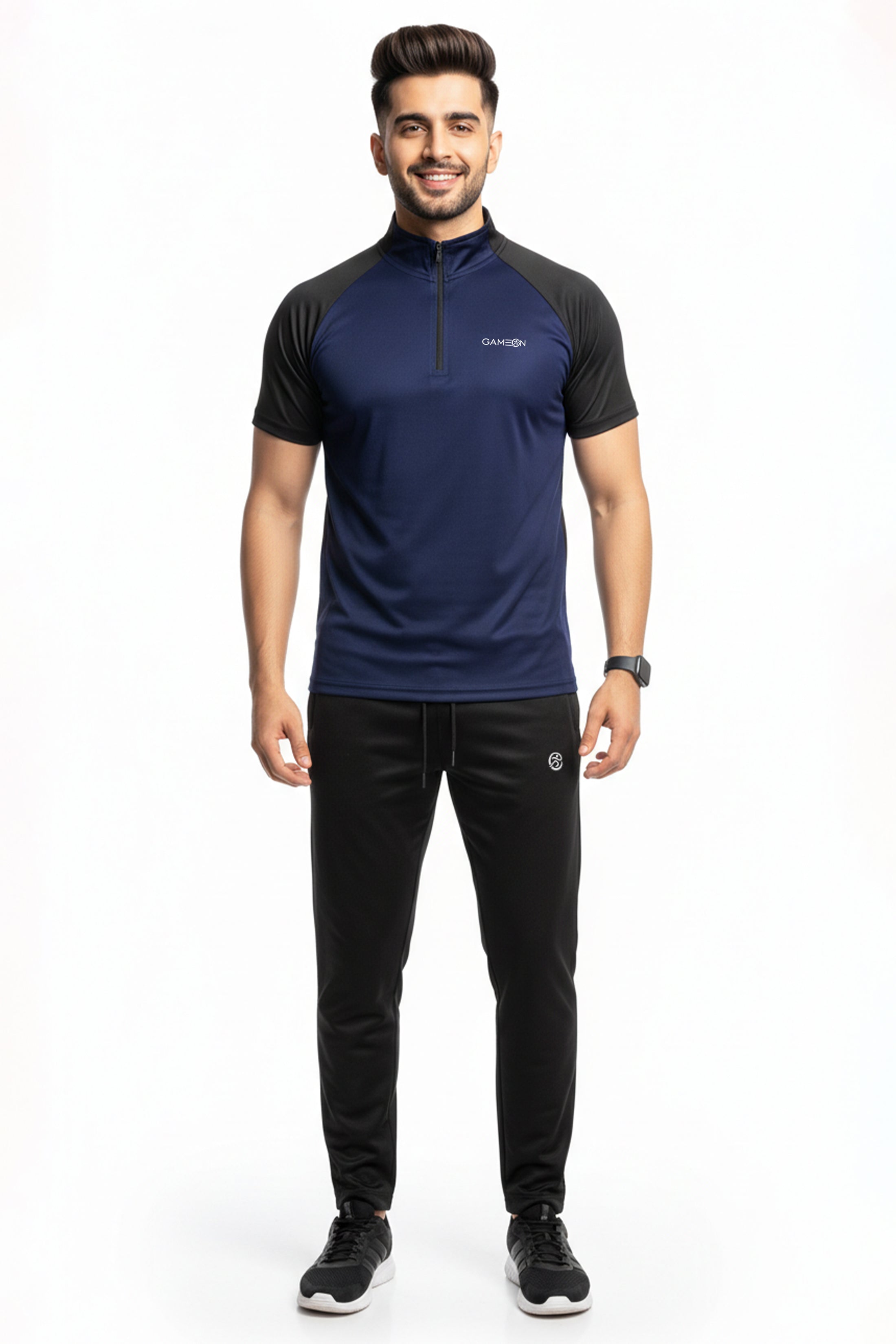 GameOn Velocity Set - Premium Polyester Plain Black Trouser + Blue & Black Shirt