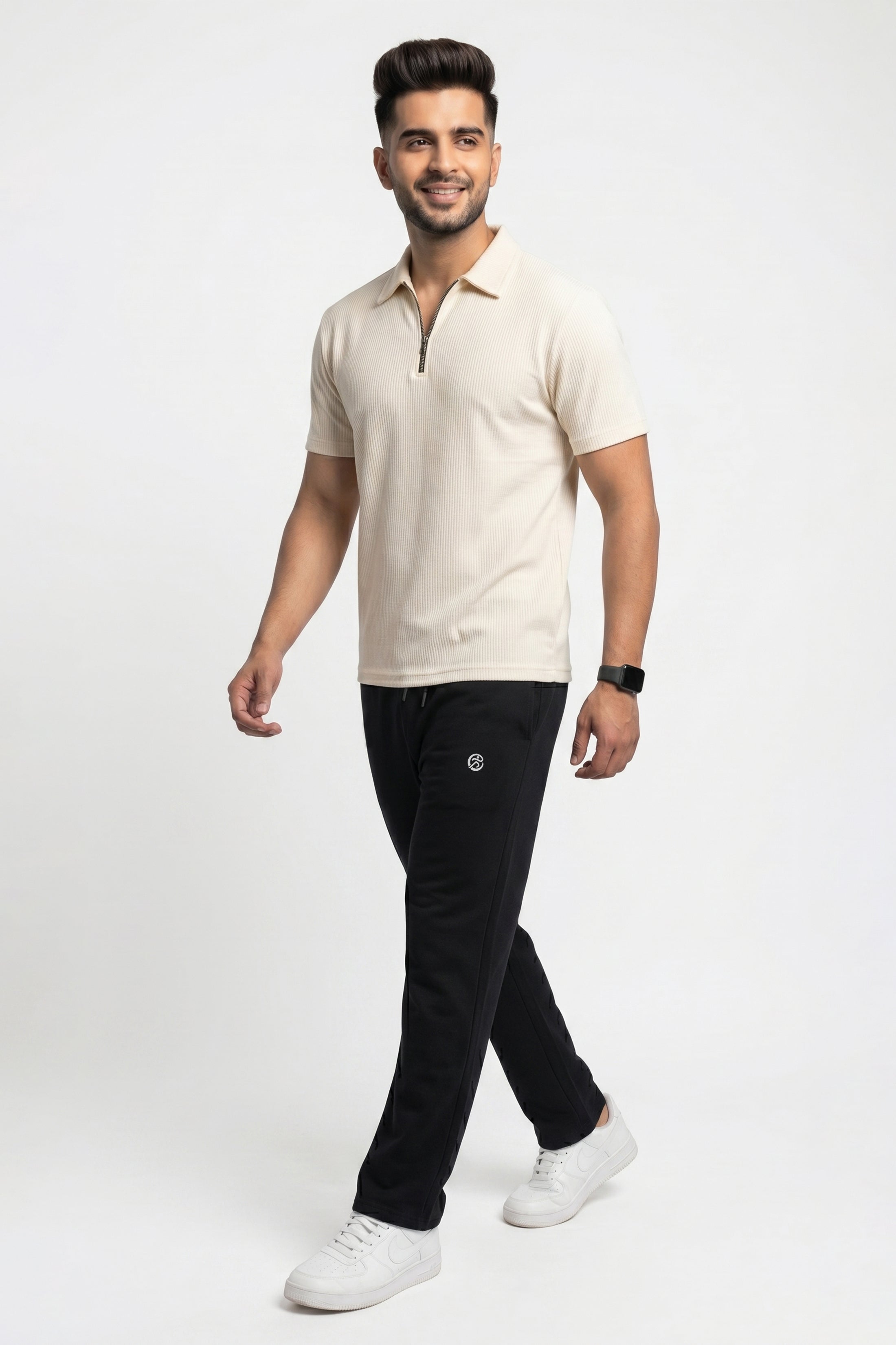 Imported Exective Lounge Wear  – Wafle Net Cream Polo + Premium Plain Classic Black Tery Trouser