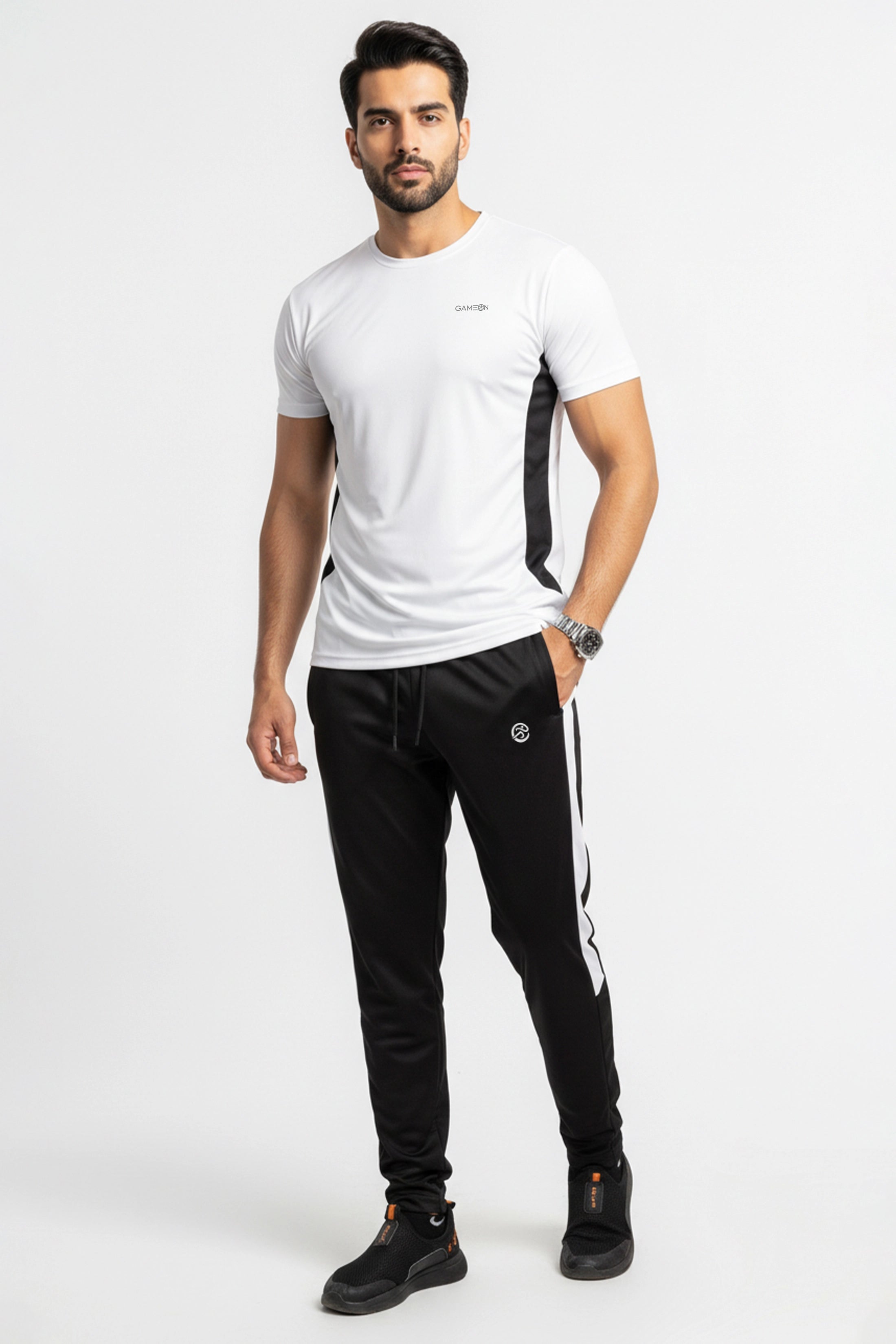 Alpha White Tracksuit – Power in Motion - Premium Ployester White & Black Combination Trouser + Shirt
