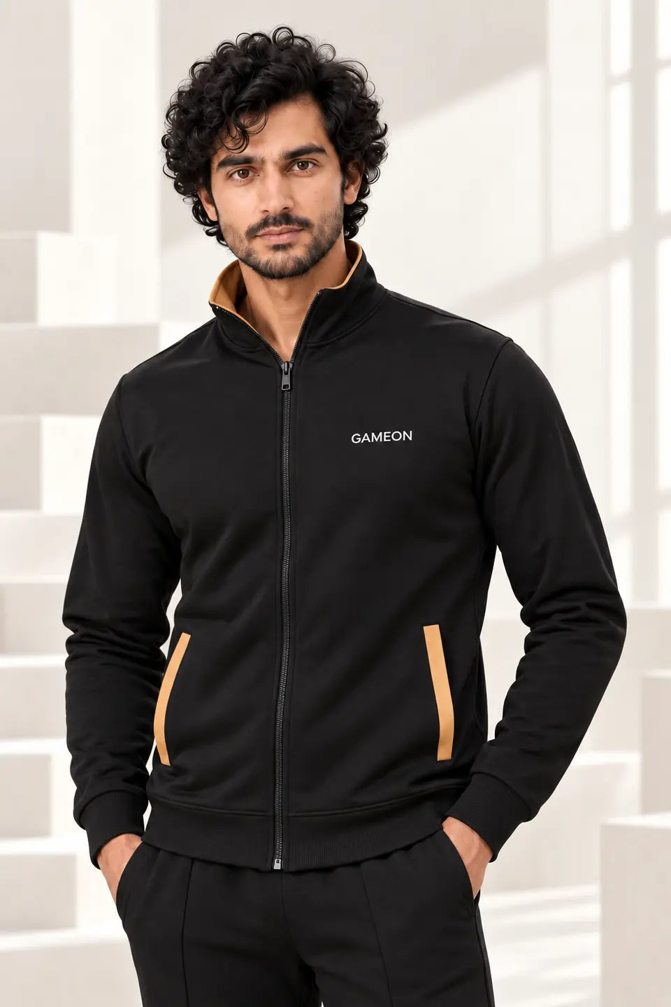 Black Amber Men's Fleece Tracksuit - Black & Camel