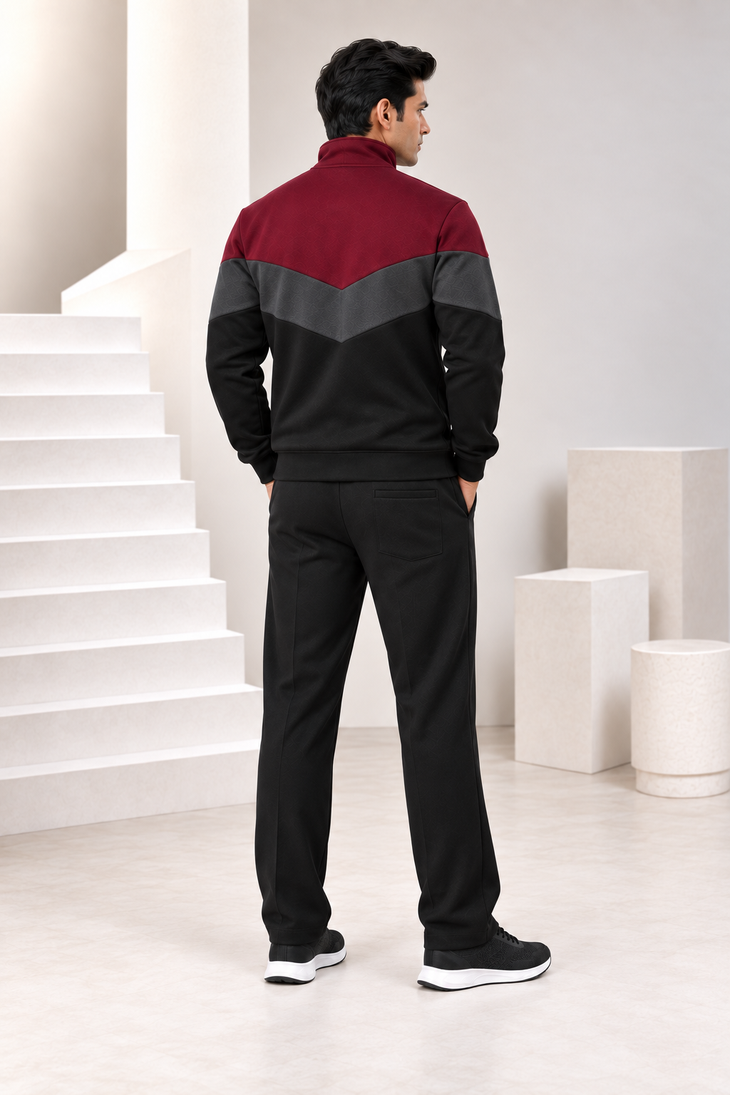 Crimson Vector Men's Fleece Tracksuit - Burgundy, Charcol & Black