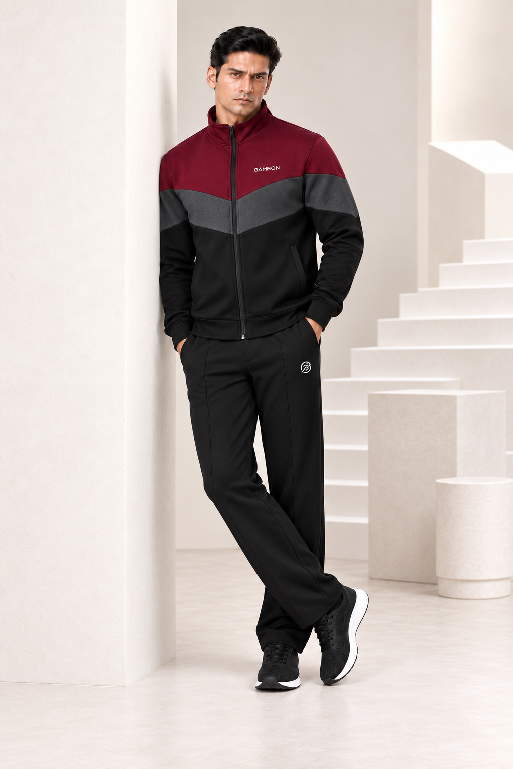 Crimson Vector Men's Fleece Tracksuit - Burgundy, Charcol & Black