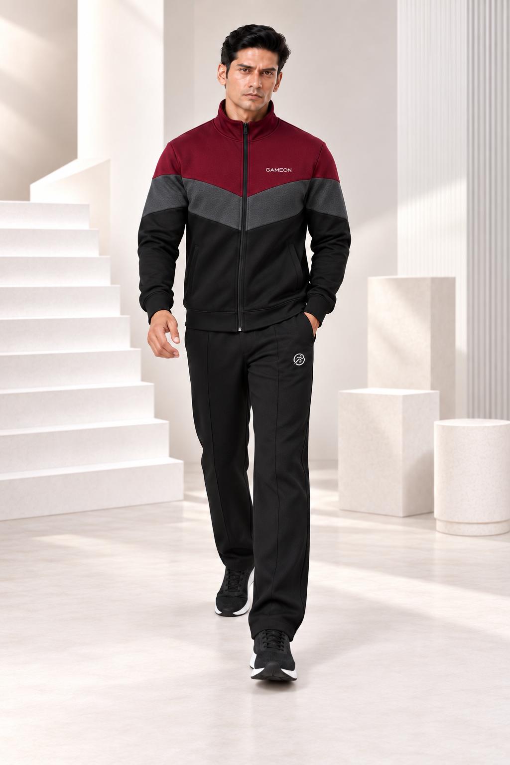 Crimson Vector Men's Fleece Tracksuit - Burgundy, Charcol & Black