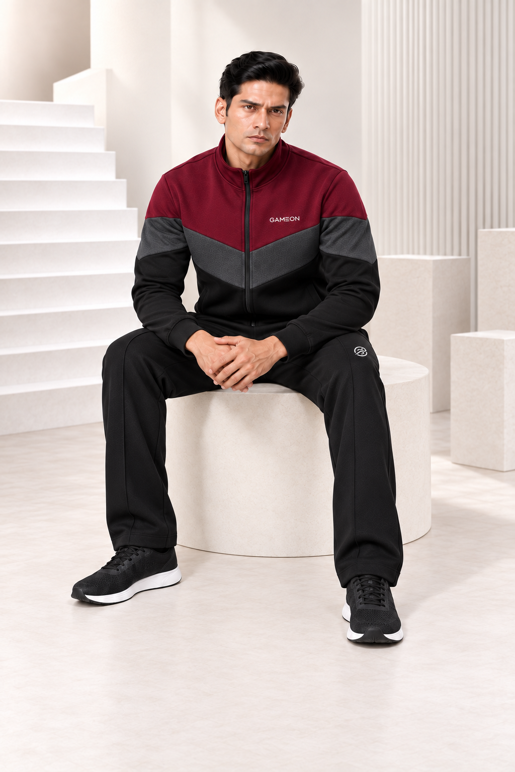 Crimson Vector Men's Fleece Tracksuit - Burgundy, Charcol & Black