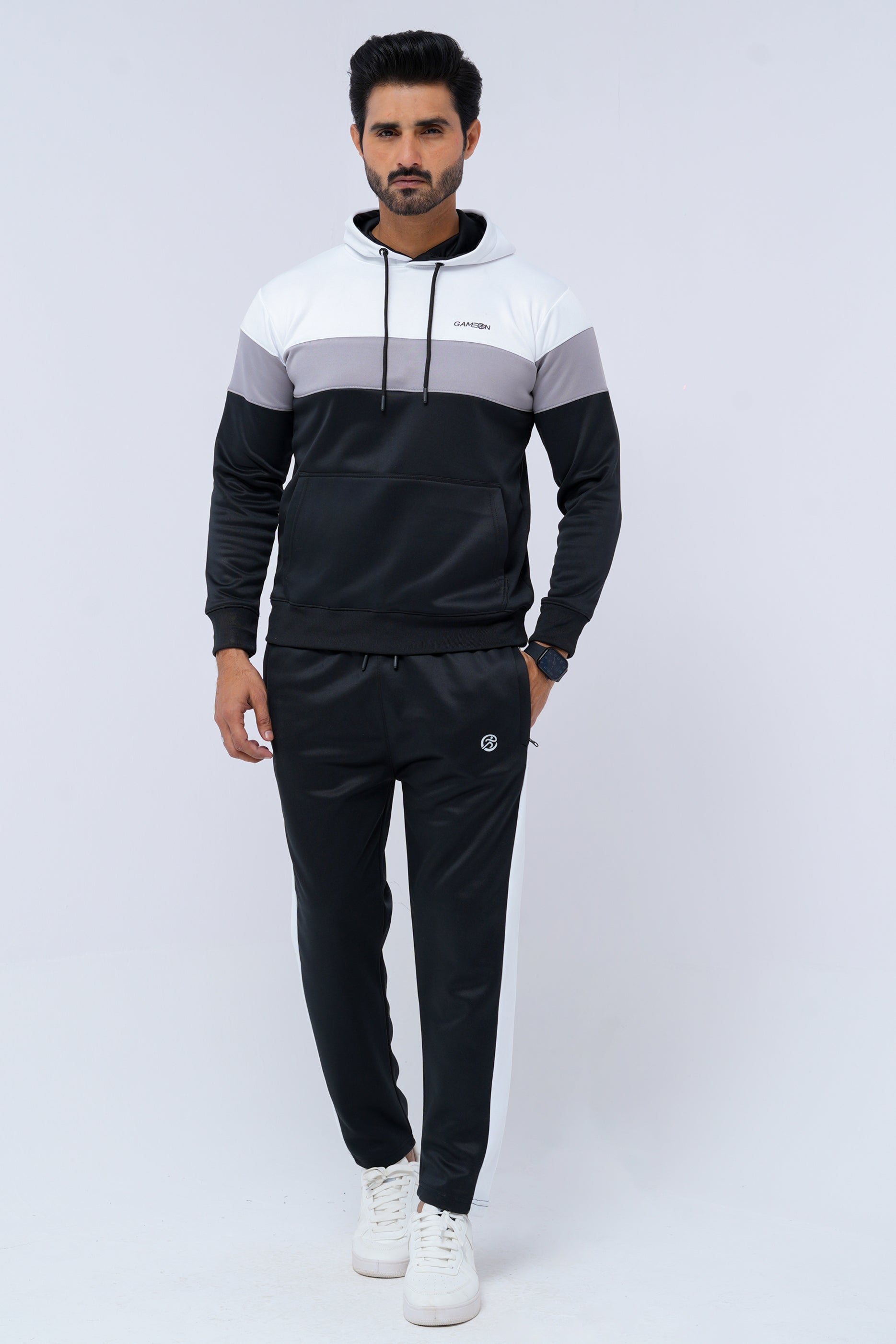 Performance Tracksuit – Black, Grey & White
