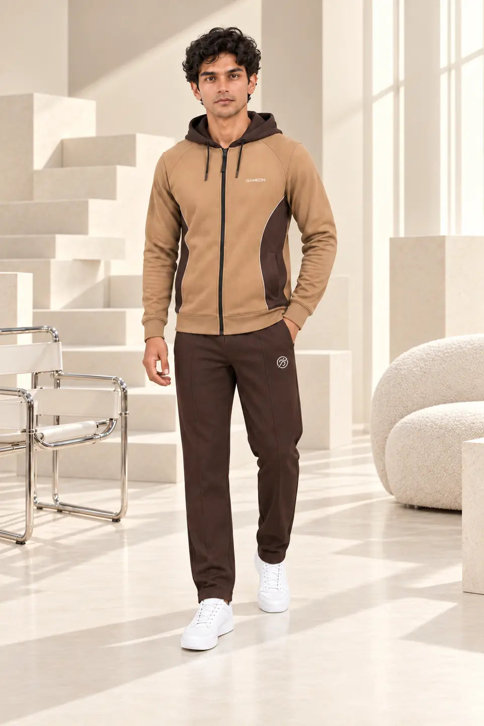 Mocha Avenue Men's Fleece Tracksuit - Choclate Brown & Camel
