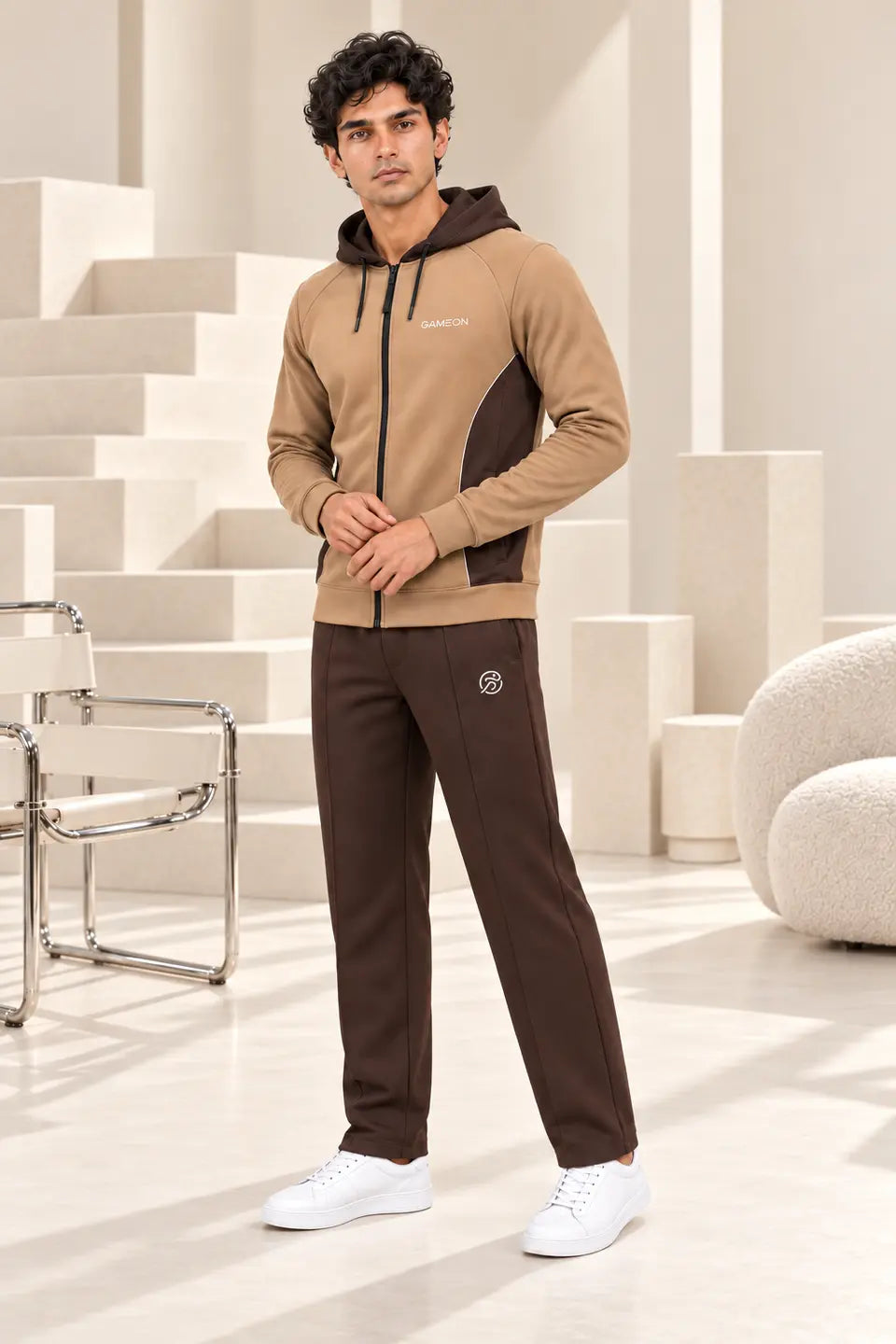 Mocha Avenue Men's Fleece Tracksuit - Choclate Brown & Camel