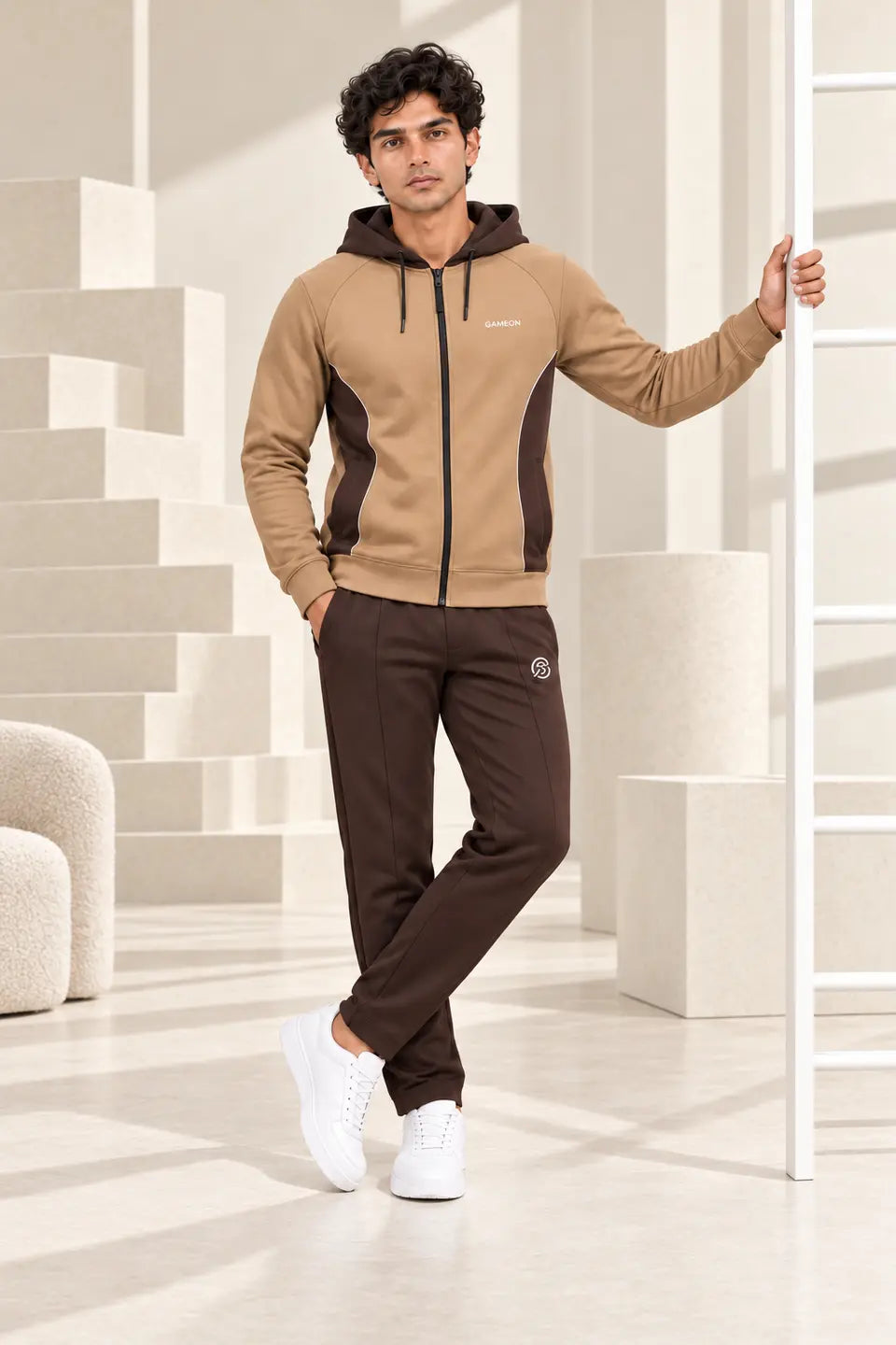 Mocha Avenue Men's Fleece Tracksuit - Choclate Brown & Camel