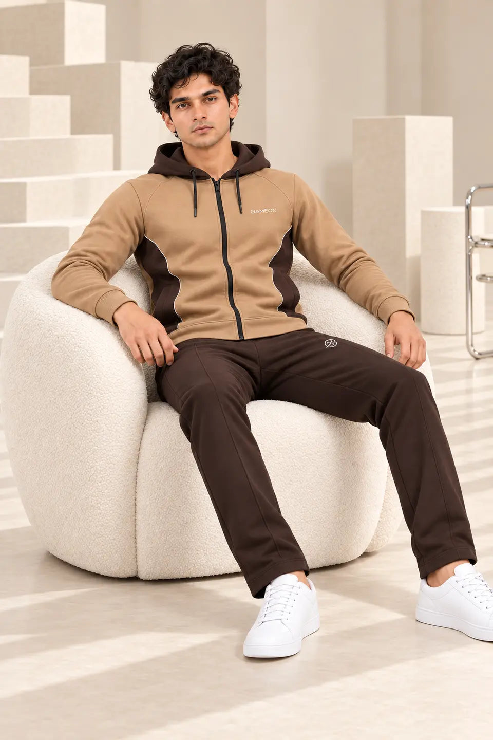 Mocha Avenue Men's Fleece Tracksuit - Choclate Brown & Camel