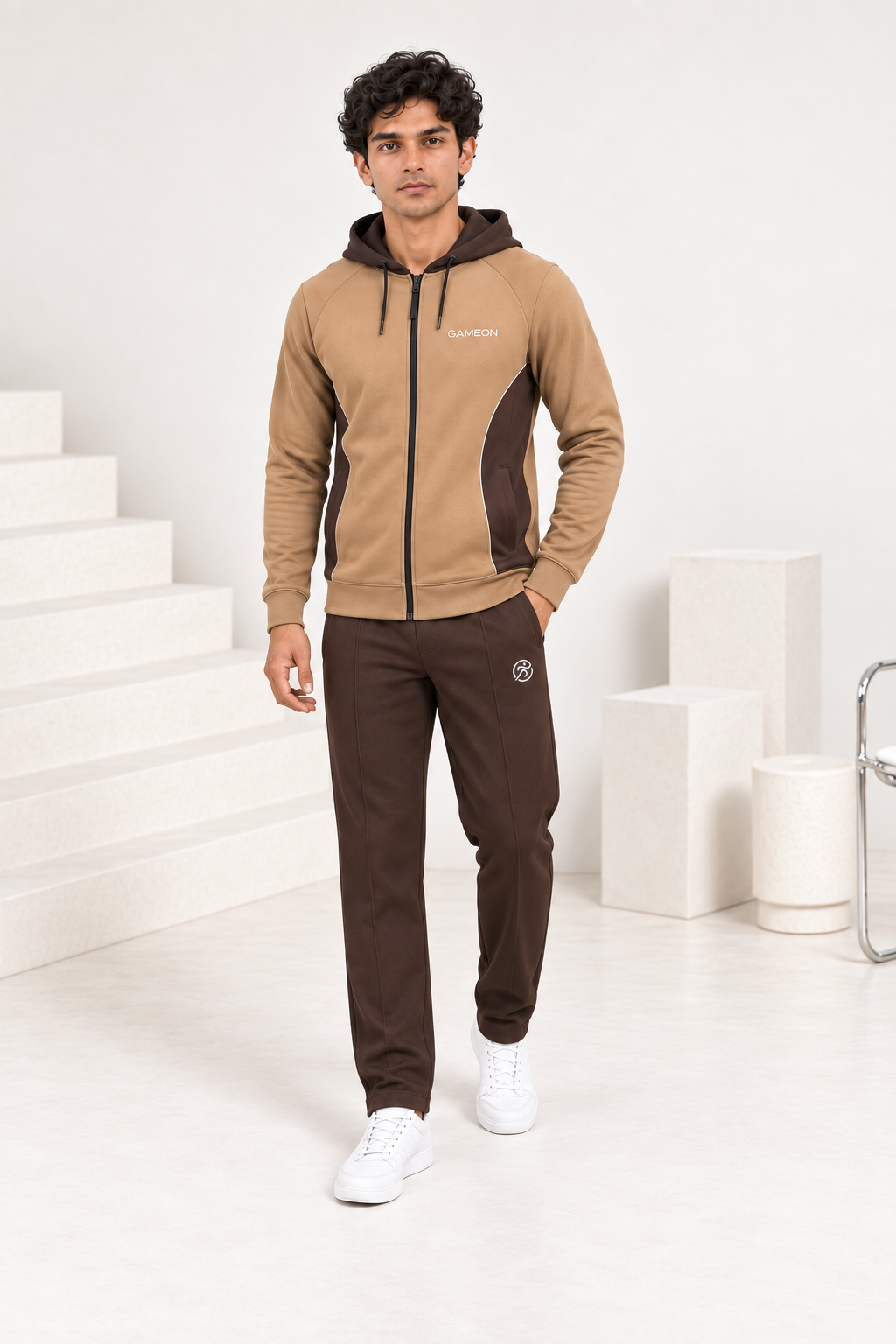 Mocha Avenue Men's Fleece Tracksuit - Choclate Brown & Camel