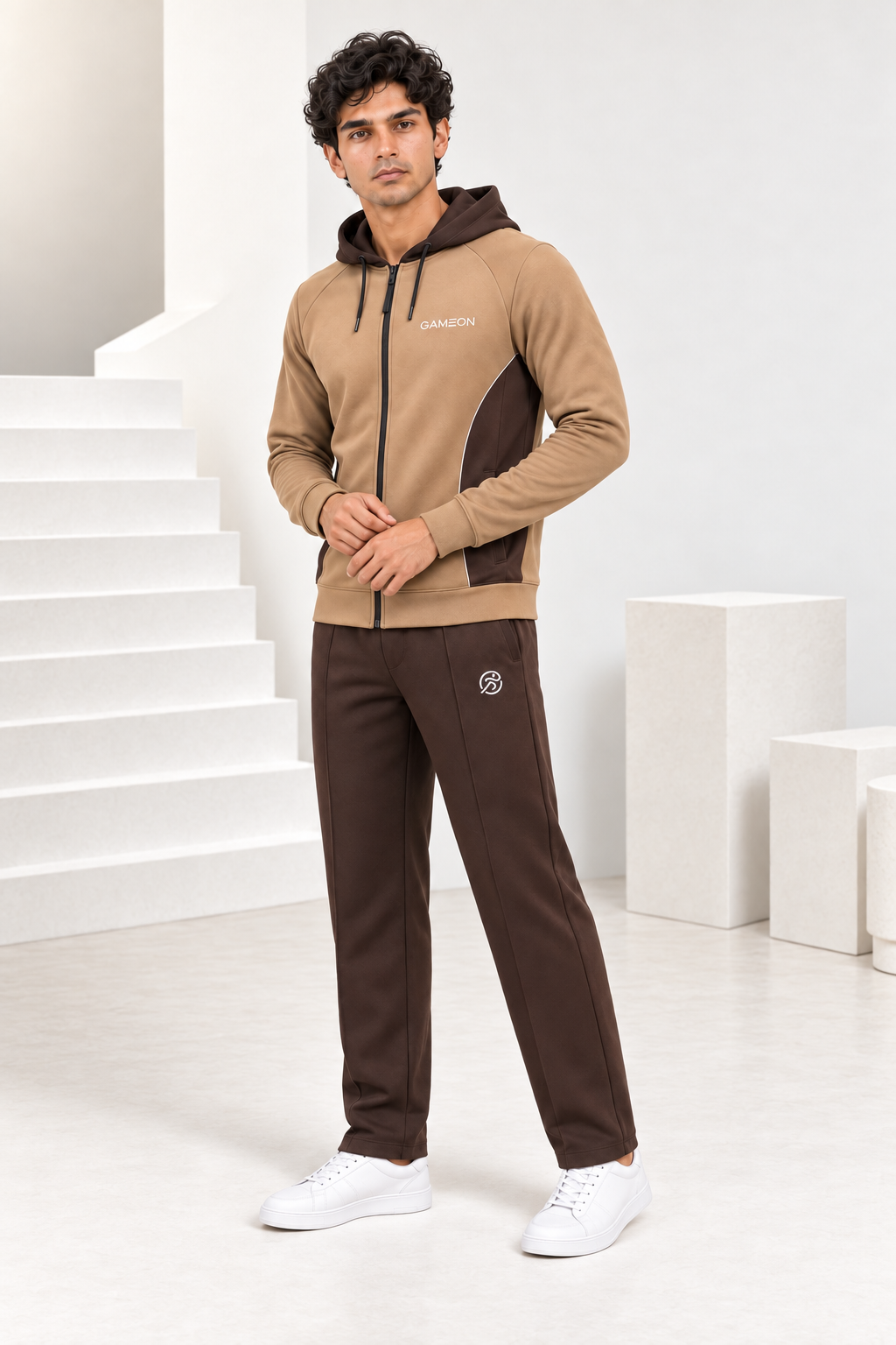 Mocha Avenue Men's Fleece Tracksuit - Choclate Brown & Camel