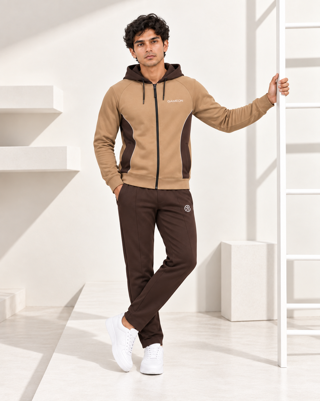 Mocha Avenue Men's Fleece Tracksuit - Choclate Brown & Camel