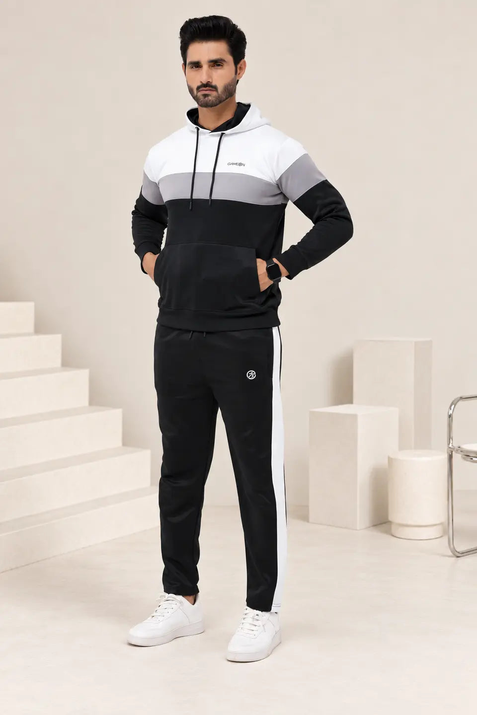 Performance Tracksuit – Black, Grey & White