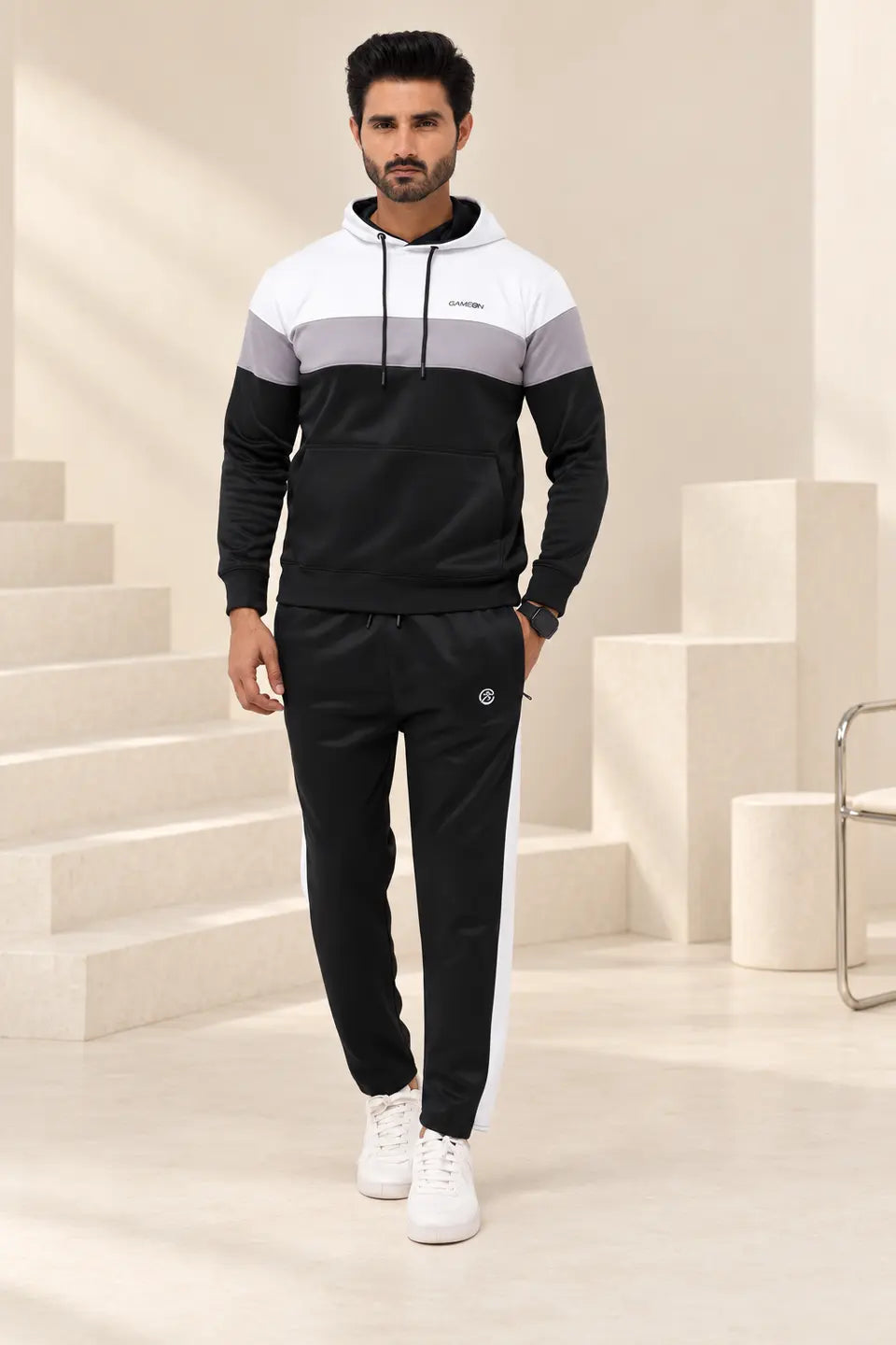 Performance Tracksuit – Black, Grey & White