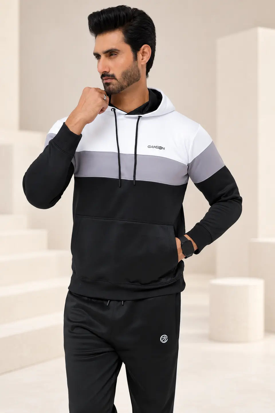 Performance Tracksuit – Black, Grey & White