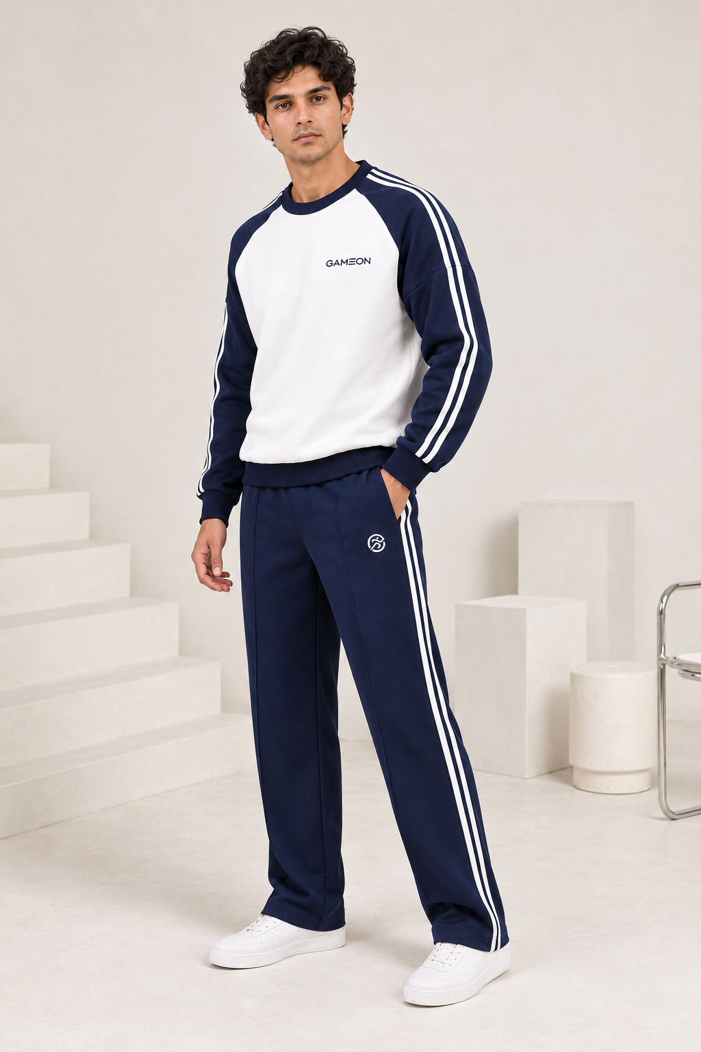 Varsity White Tracksuit - White & Navy Blue