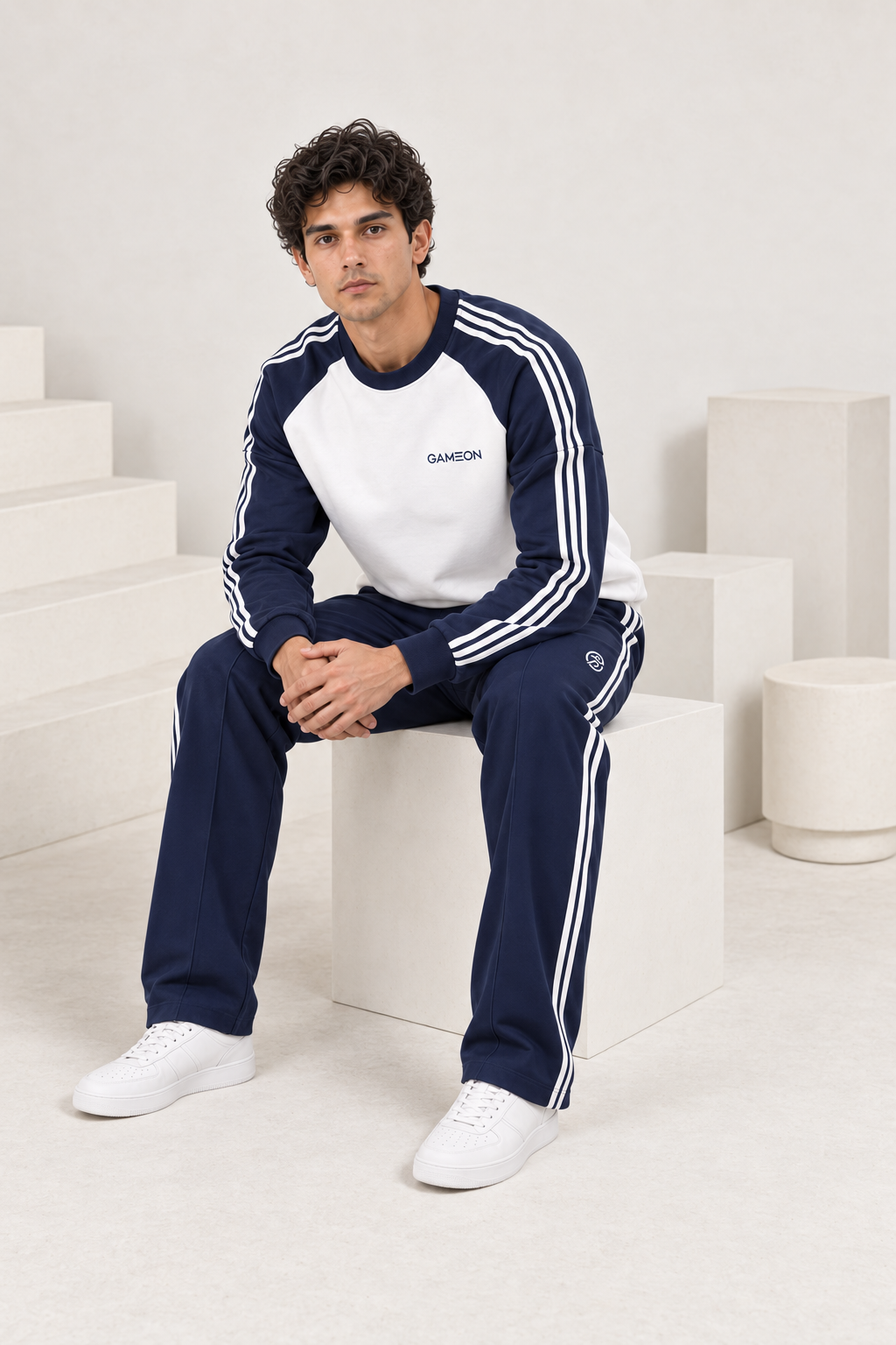 Varsity White Tracksuit - White & Navy Blue