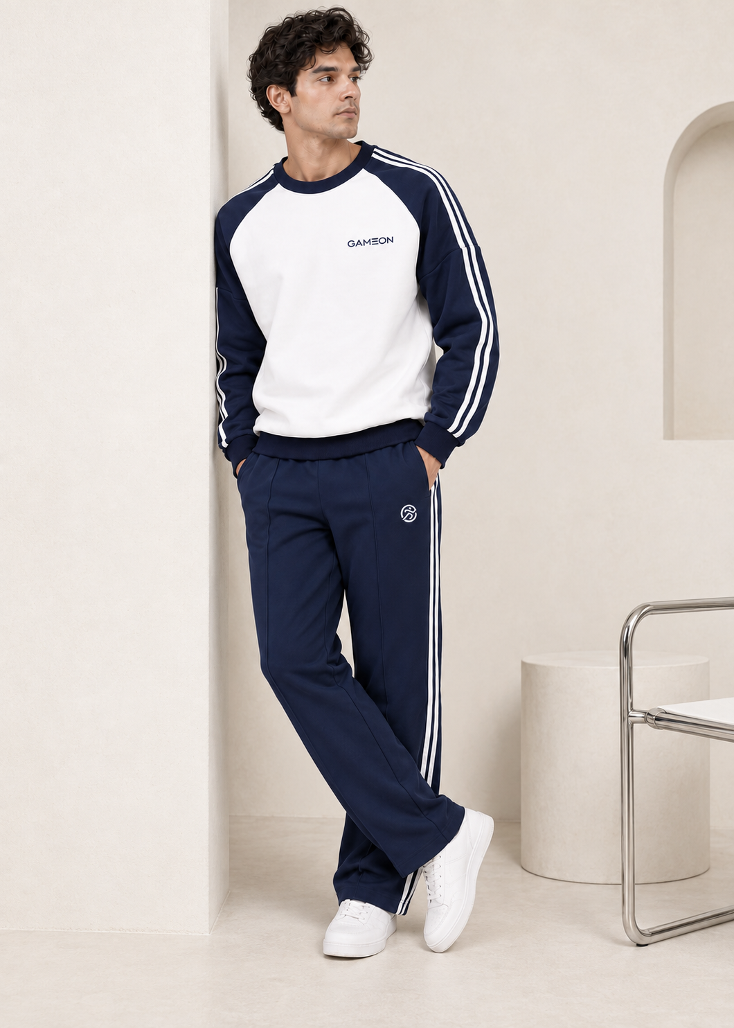 Varsity White Tracksuit - White & Navy Blue