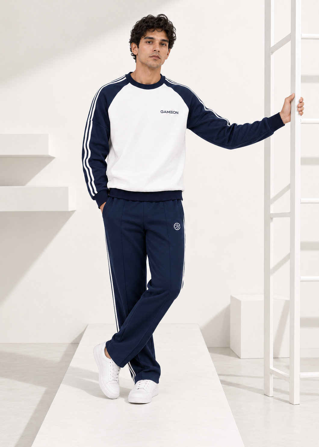 Varsity White Tracksuit - White & Navy Blue