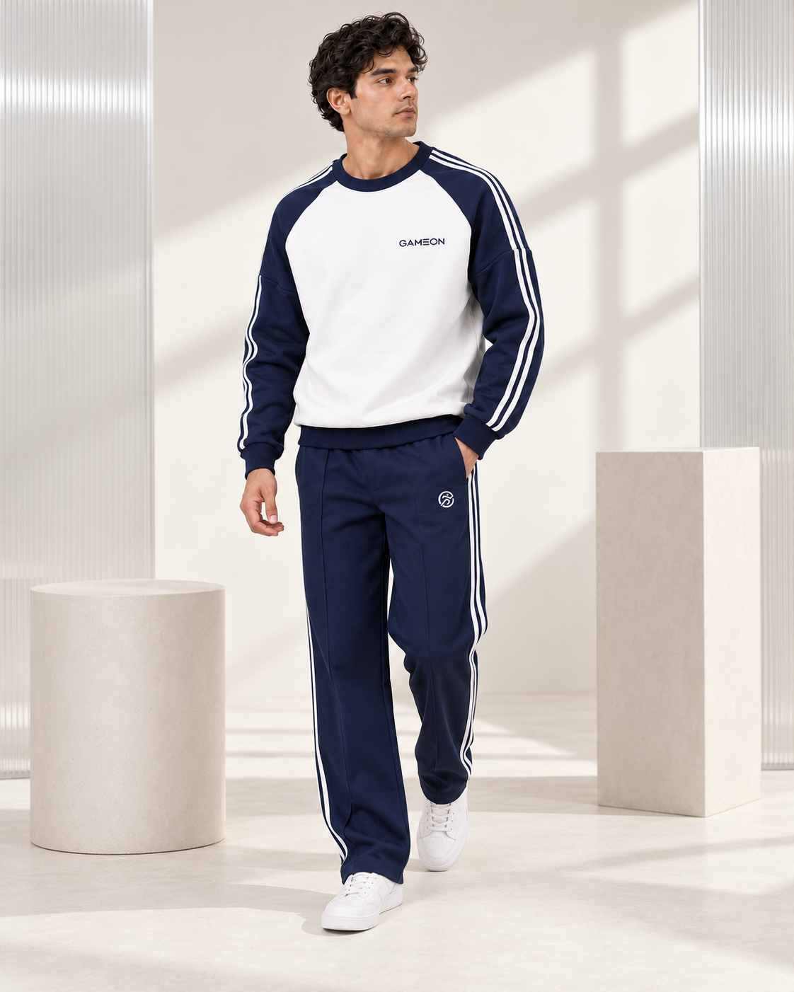 Varsity White Tracksuit - White & Navy Blue
